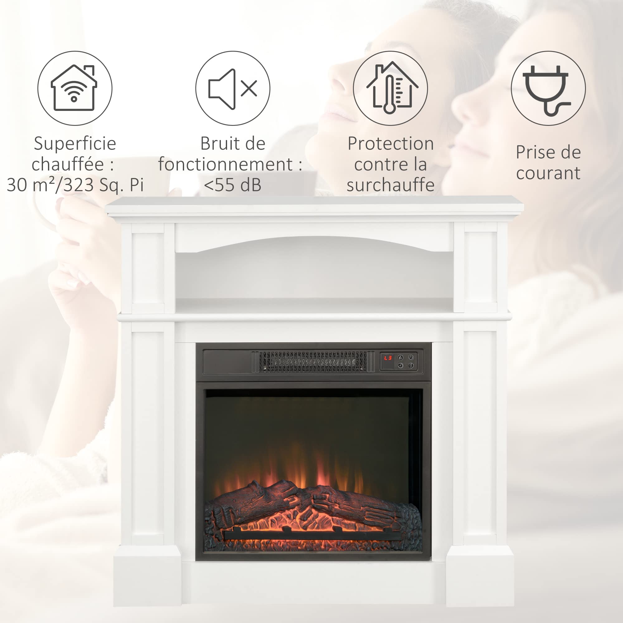 HOMCOM Cheminée électrique Effet Flammes LED luminosité réglable avec télécommande - 1800 W - 80,5 x 32,3 x 80,5 cm Blanc