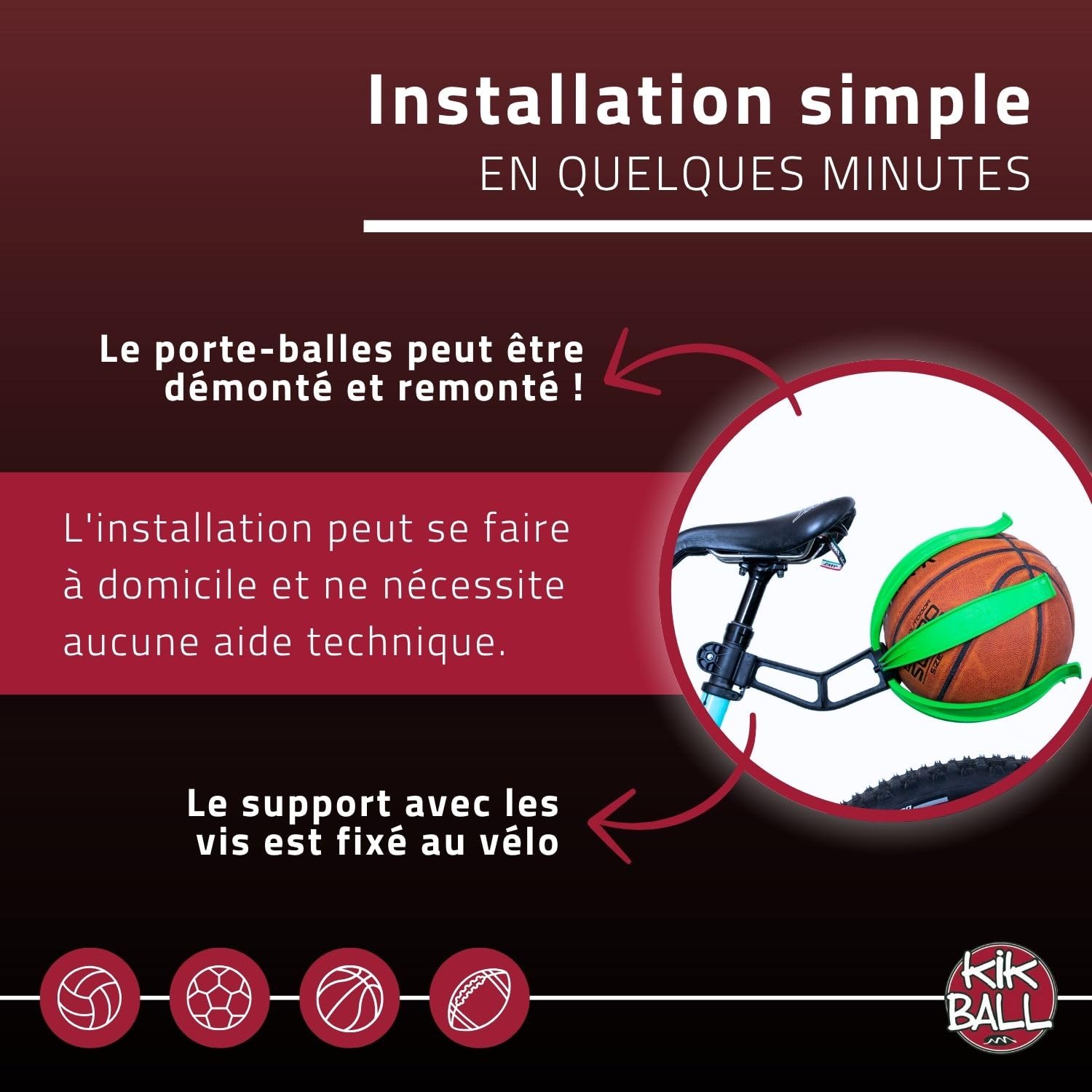 Porte-Ballon de Vélo, Dispositif de Sécurité pour Enfants et Garçons, Facile à Utiliser, Adapté aux Ballons de Football, Basket-Ball et Rugby