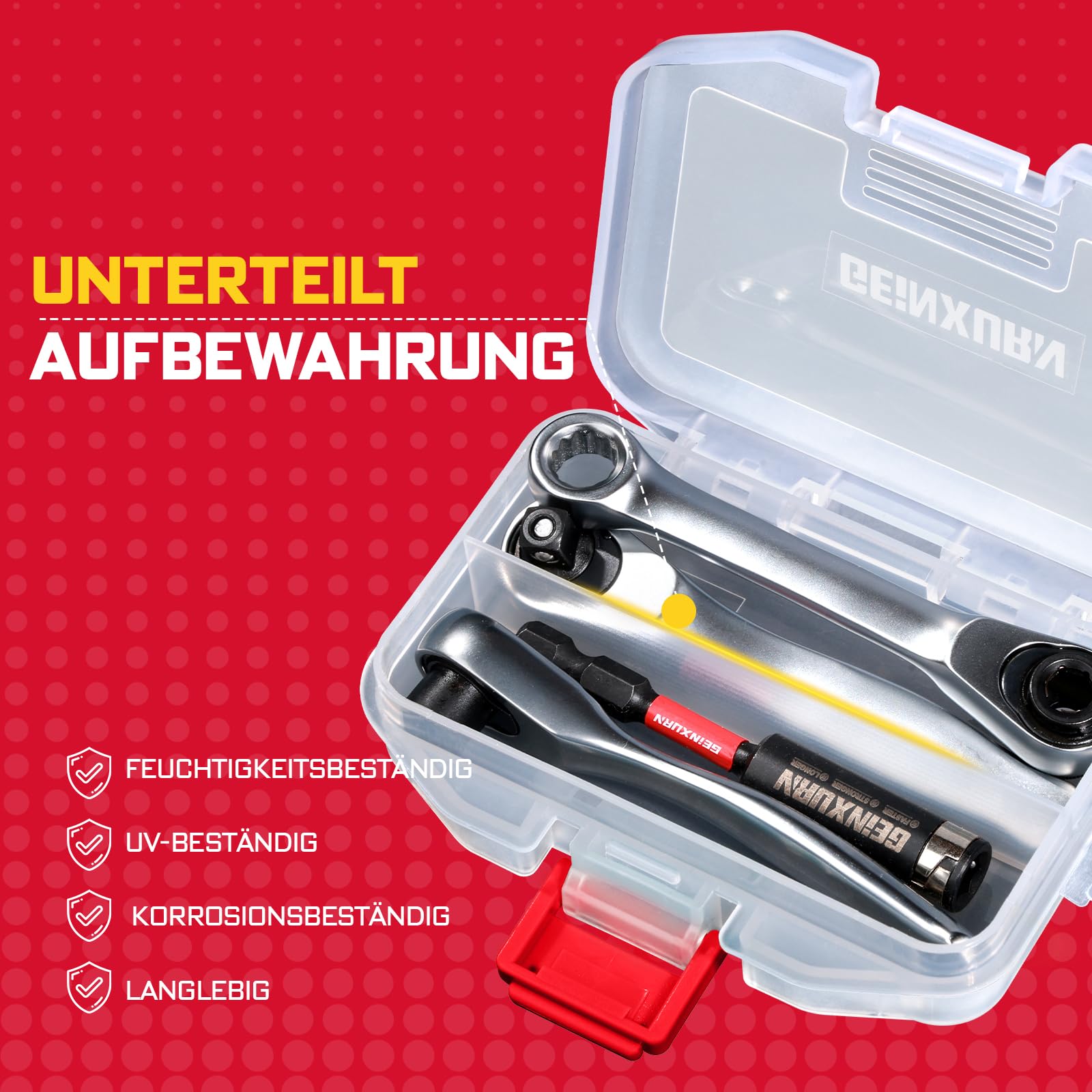 GEINXURN 4-teiliges Mini Ratsche Set, 3 Stück 1/4-Zoll Ratsche 72-Zahn-Steckschlüssel mit Schnelllösefunktion & Reversibler, 75mm Schlagfester Bithalter, alle in kleinen Schachteln Enthalten