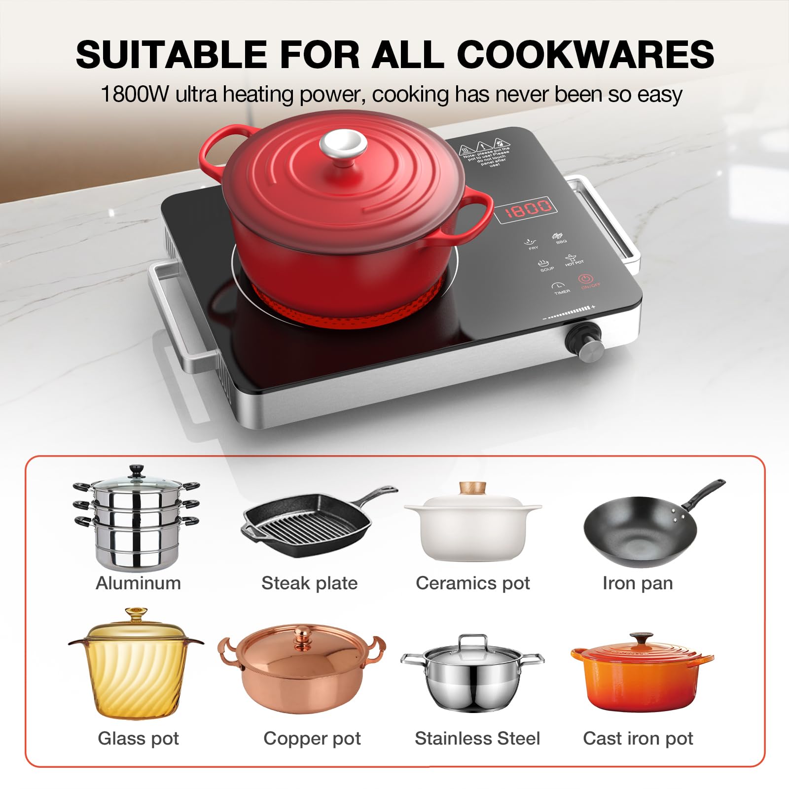 Cocina eléctrica, estufa eléctrica portátil de 1800 W con enchufe, encimera de placa caliente, quemador infrarrojo de 110 V-120 V, bloqueo de seguridad para niños, temporizador, control táctil y 5
