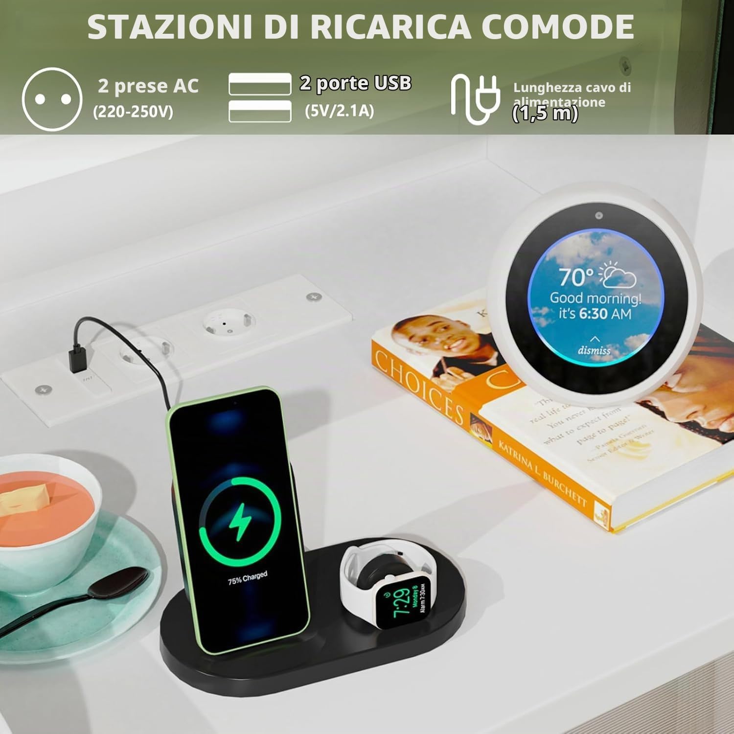 Mobile TV con Luci LED, 2 Porta USB e 2 Presa, Mobile per TV Soggiorno Moderno Mobili, con 3 ripiani e 2 cassetti,180x40x58 cm (Bianco-A)