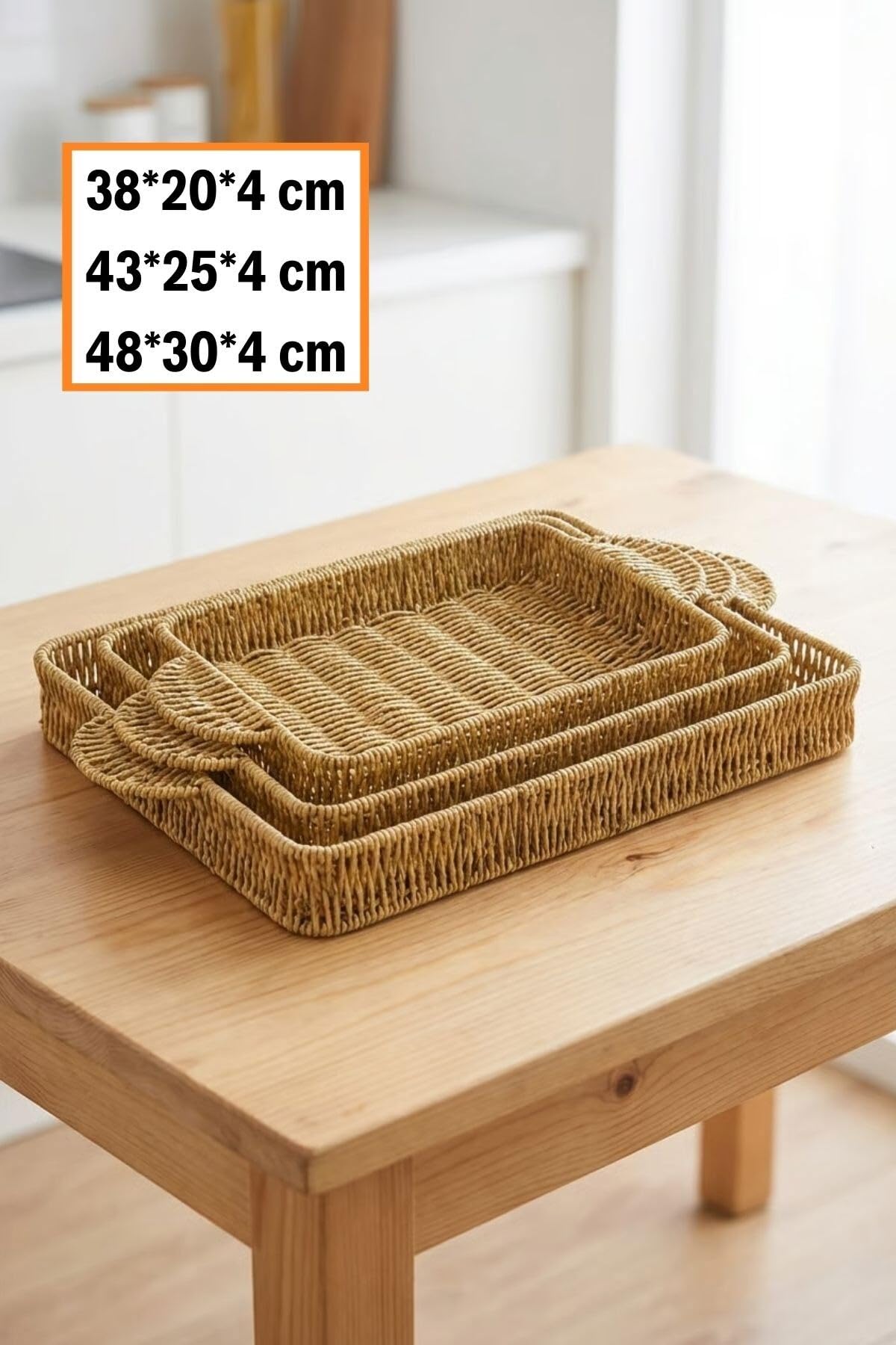 BUFFER İç İçe Geçebilen 3'lü Dikdörtgen Hasır Görünümlü Plastik Rattan Servis Tepsi Seti, Çok Amaçlı Sunum Tepsileri, 38x20x4 cm, 43x25x4 cm, 48x30x4 cm