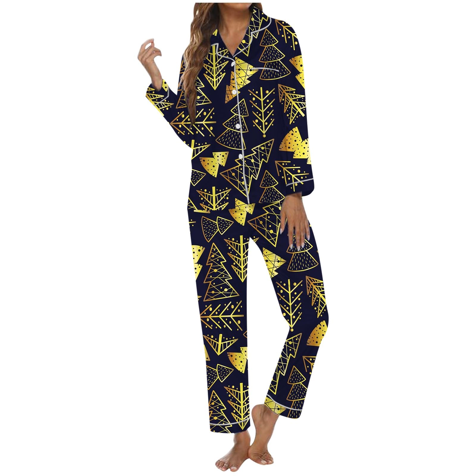 Pijama,Conjunto de Pijama Holgado de Manga Larga con Estampado de árbol de Navidad para Mujer