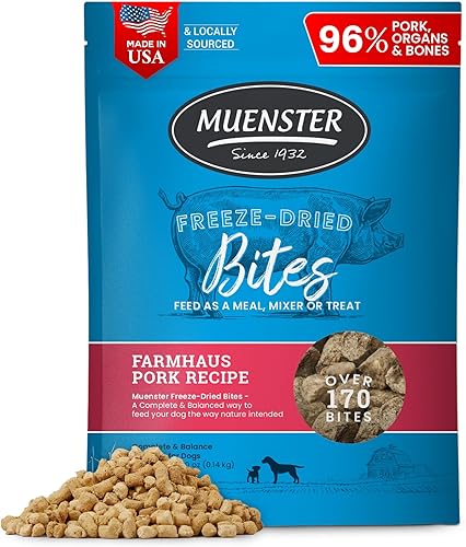 Muenster Receta de cerdo Farmhaus liofilizada Bites - Nutrición completa y equilibrada para perros, paquete de 5 onzas