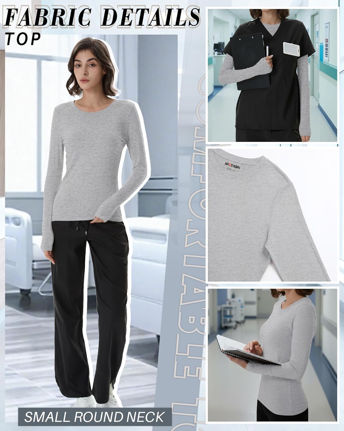 4 Pack Women's Underscrub Shirts Nurse Undershirts Long Sleeve Crewneck Slim Fit Tops Soft Stretchy Basic Tee - Image 5