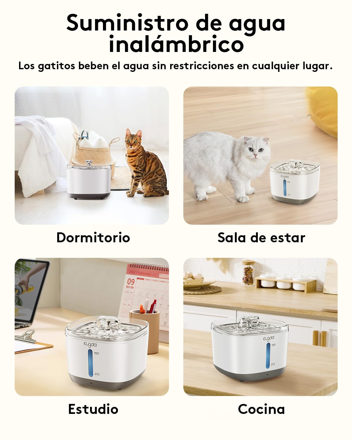 EUGAD Fuente para Gatos sin Cable con Sensor de Movimiento, 2.5L Fuente Agua Gatos, Ultrasilencioso Bebedero Gatos Automático Bateria 5000mAh Recargable, Dispensador de Agua Gatos 4 Filtración
