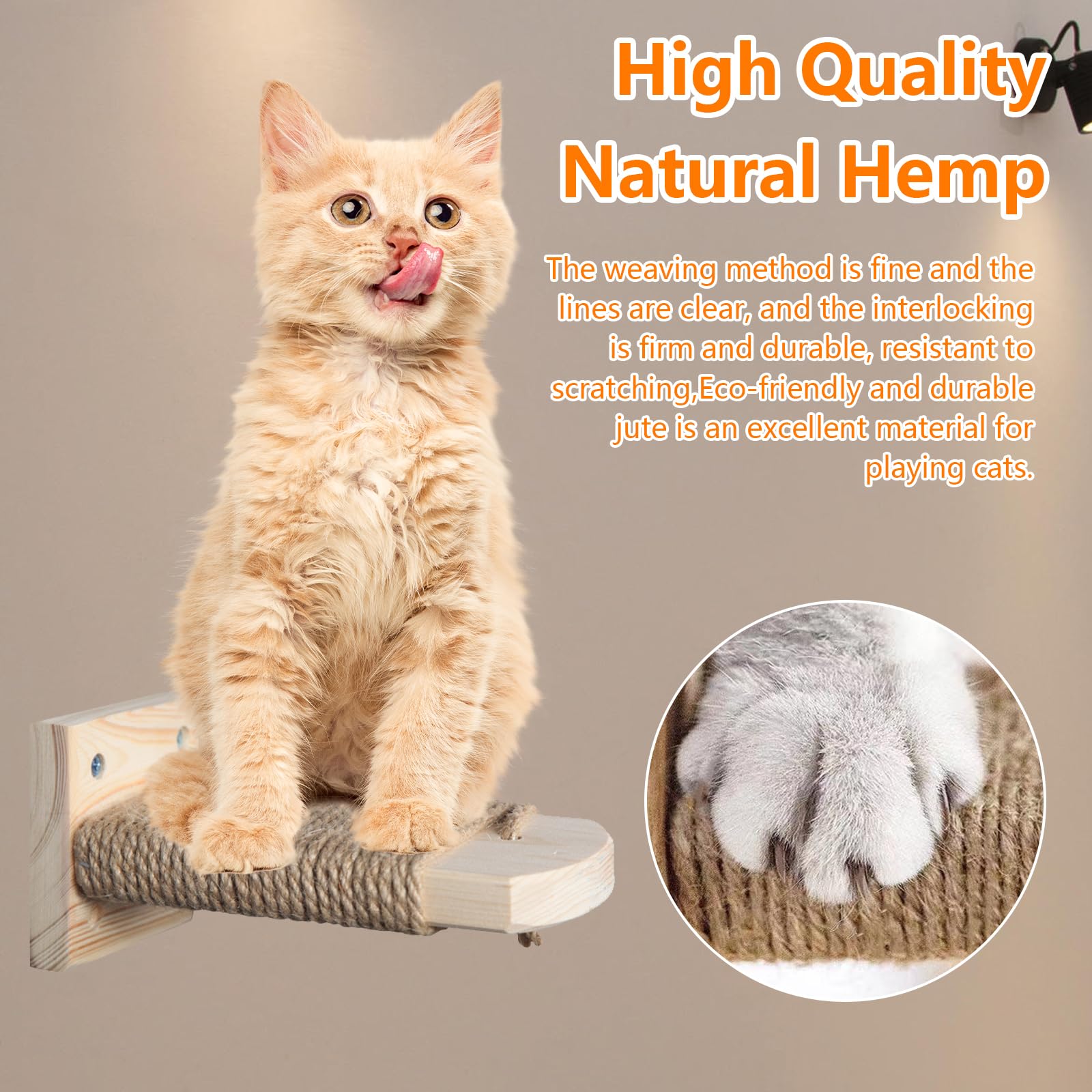 4 in 1 Kletterwand für Katzen Katzentreppe Wand, Wandliege mit Juteseil zum Kratzen, Katzentreppe Plattform aus Massives Gummiholz, für Katze Klettern Spielen, Maximale Tragfähigkeit 35kg