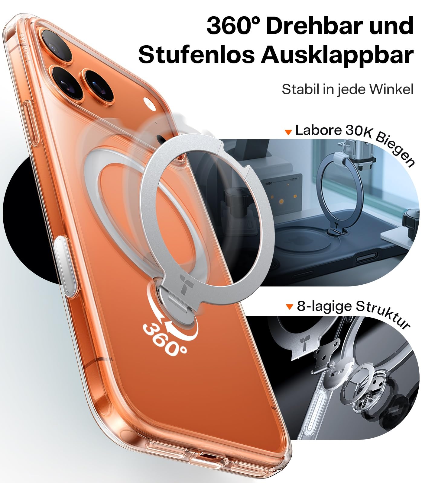 TORRAS für iPhone 17 Pro Max Hülle + Panzerglas, Q3 Spin Hülle mit 360° Ständer Transparent, 18N für MagSafe, 3,66 m Militär-Fallschutz + 2 Stück 9H+ Full Screen Schutzfolie, Auto-Montage, Kratzfest,