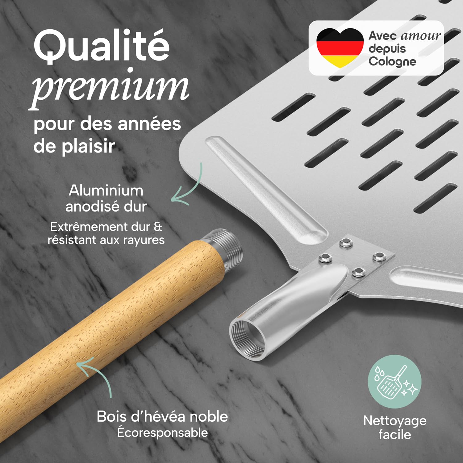Blumtal Pelle à pizza perforée 30,5 x 30,5 cm + manche en bois 46,5 cm - Pelle à pizza perforée en aluminium antiadhésif et acier inoxydable - Pelle à pain
