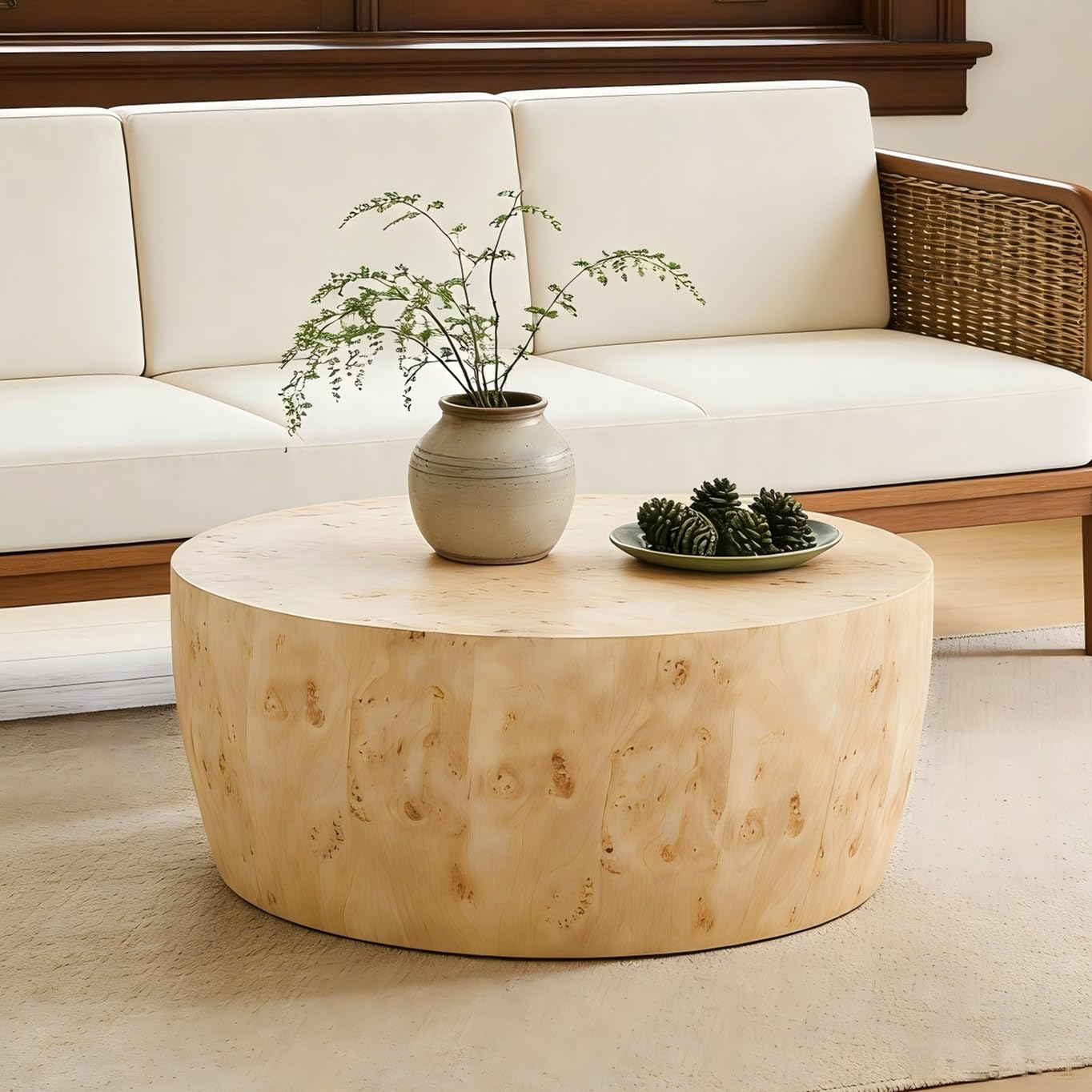 Maotifeys 35 Rustic Drum Coffee Table, Burl Wood Veneer Natural Color