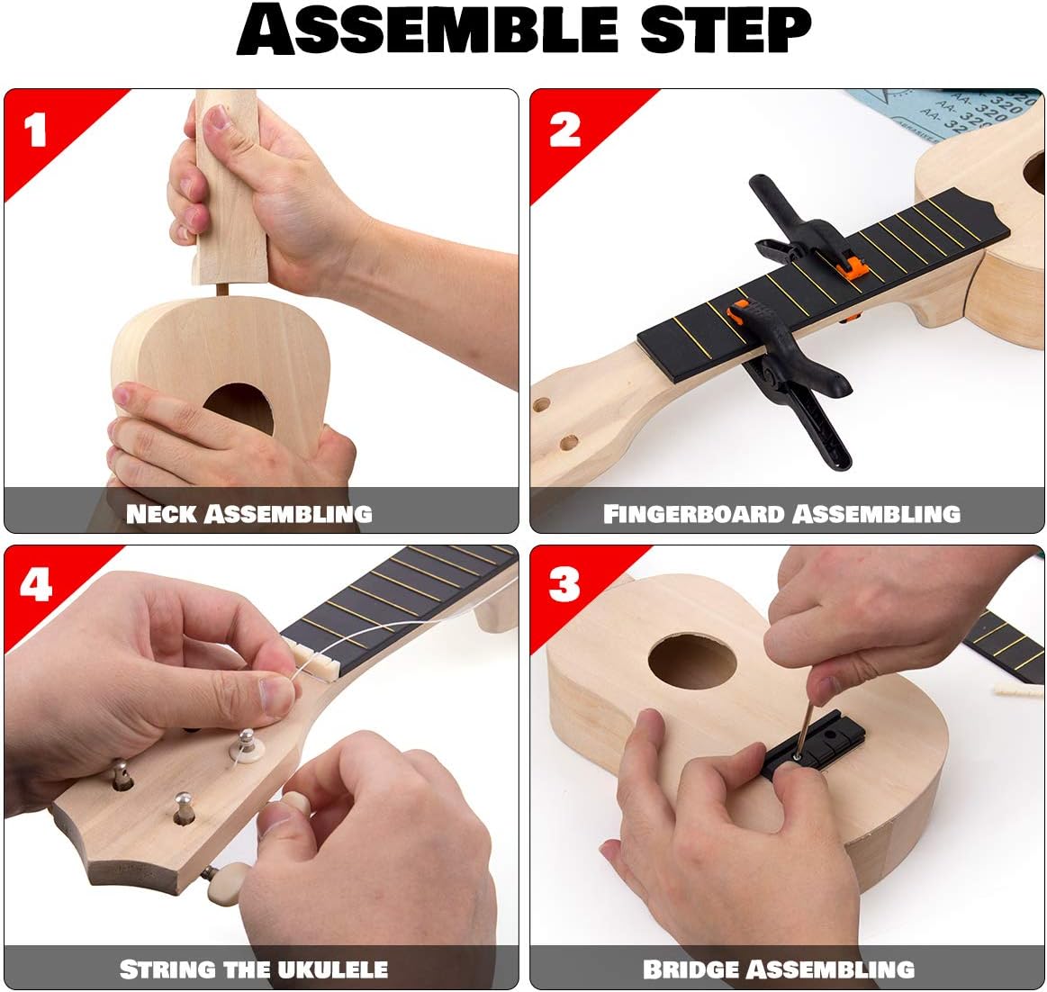 Four-panel image showing the assembly steps: attaching the neck, attaching the fingerboard, attaching the bridge, and stringing the ukulele.