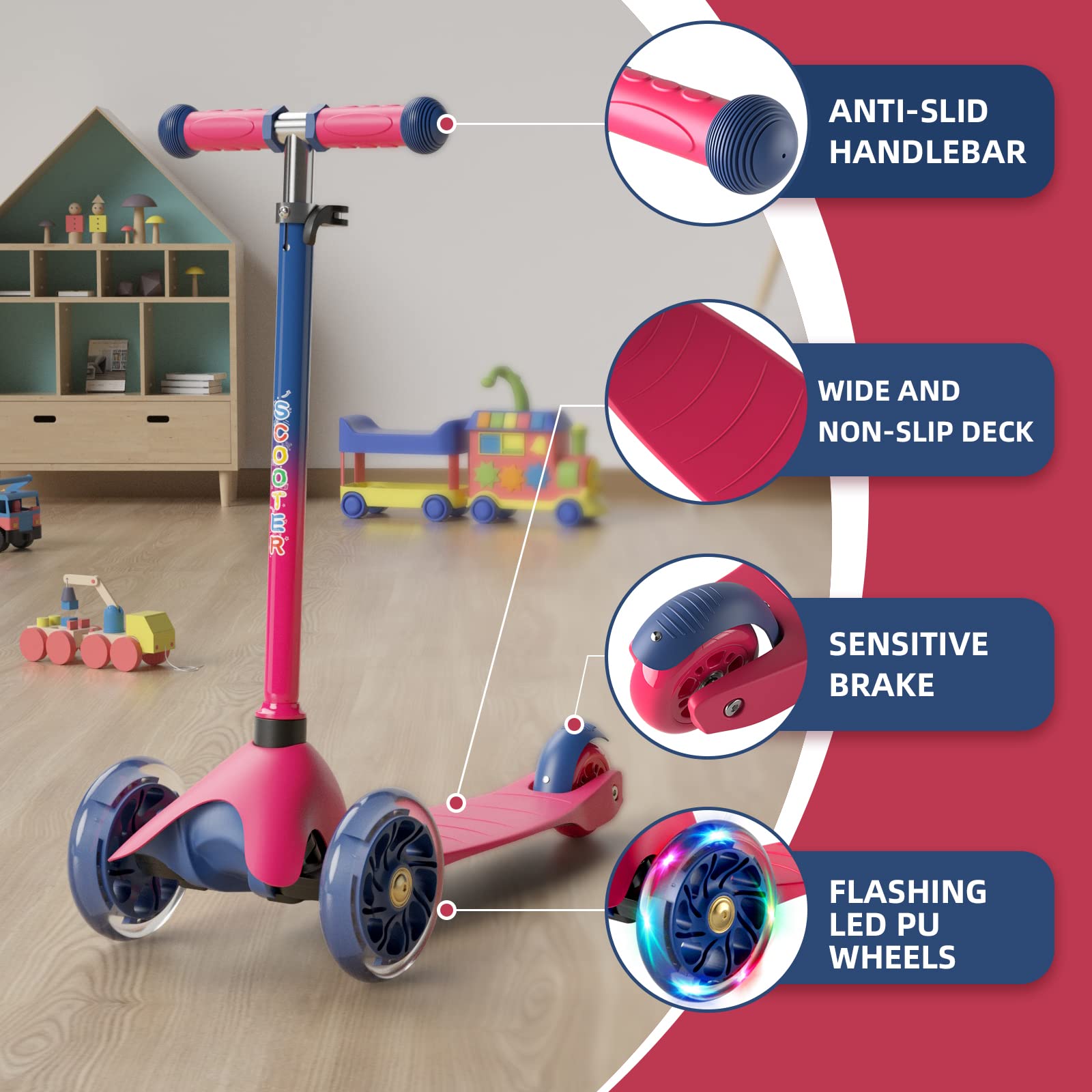Monopattino Per Bambini 2-8 Anni - 3 Ruote, Luci Lampeggianti, Altezza Regolabile, Blocco Sterzo