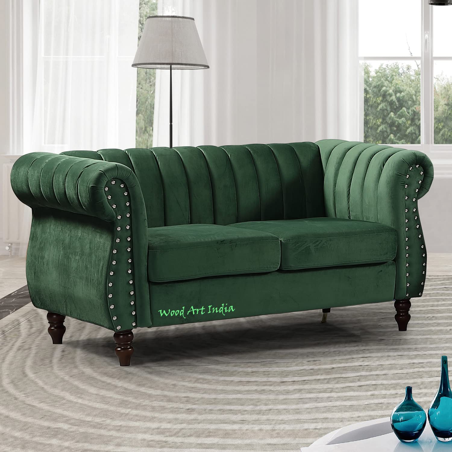 Wood Art India |Hand-Made Velvet 2 Seater Modern Chesterfield Tufted Sofa for Living Room, Office, Hallway, Bedroom(Dark Green)-picture-29