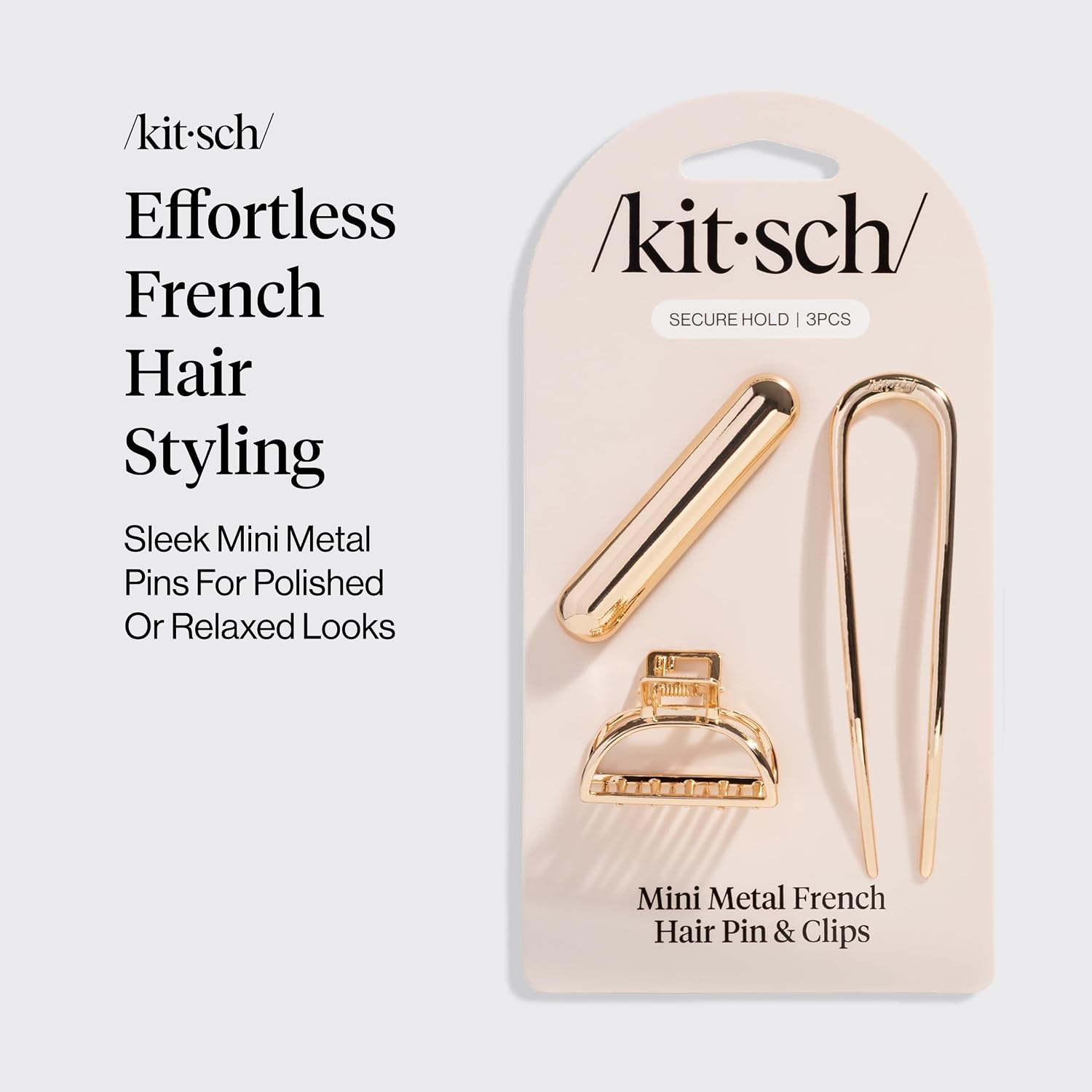 Kitsch Mini Metal French Hair Pin & Hair Clips for Women - Strong Hold Gold Hair Accessories for Half Updos, Buns, French Twist | Durable and Elegant Hair Barrette for Everyday Styling - Set of 3
