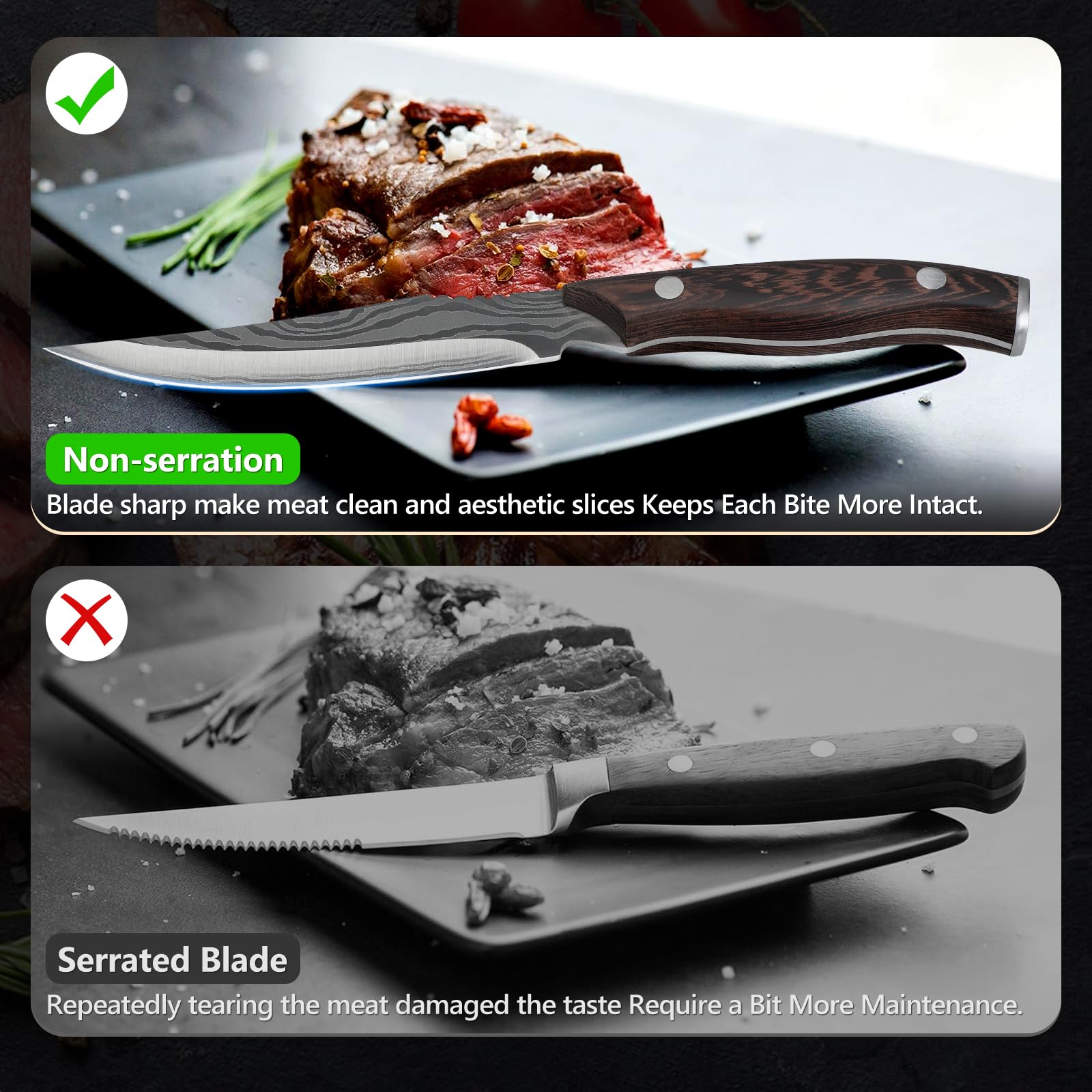 Dragon Creek - Set 6 couteaux à steak en acier inoxydable, manche bois. Pour maison & restaurant. Tranchants, boîte cadeau. Idéal pour hommes, femmes, parents.