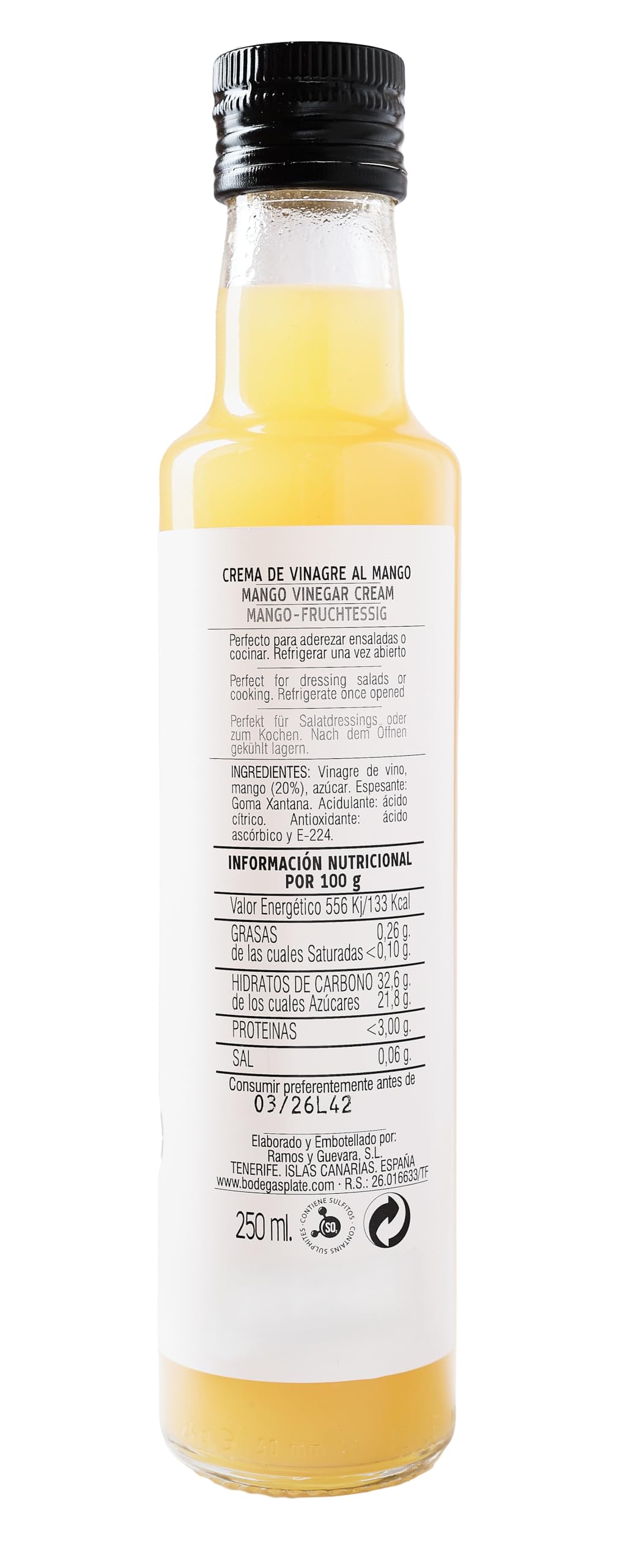 Platé Crema de Vinagre de Mango 250 ml | Aderezo tropical, dulce y natural | Ideal para ensaladas, pescados y platos creativos | Elaborado en Canarias, vegano y sin gluten