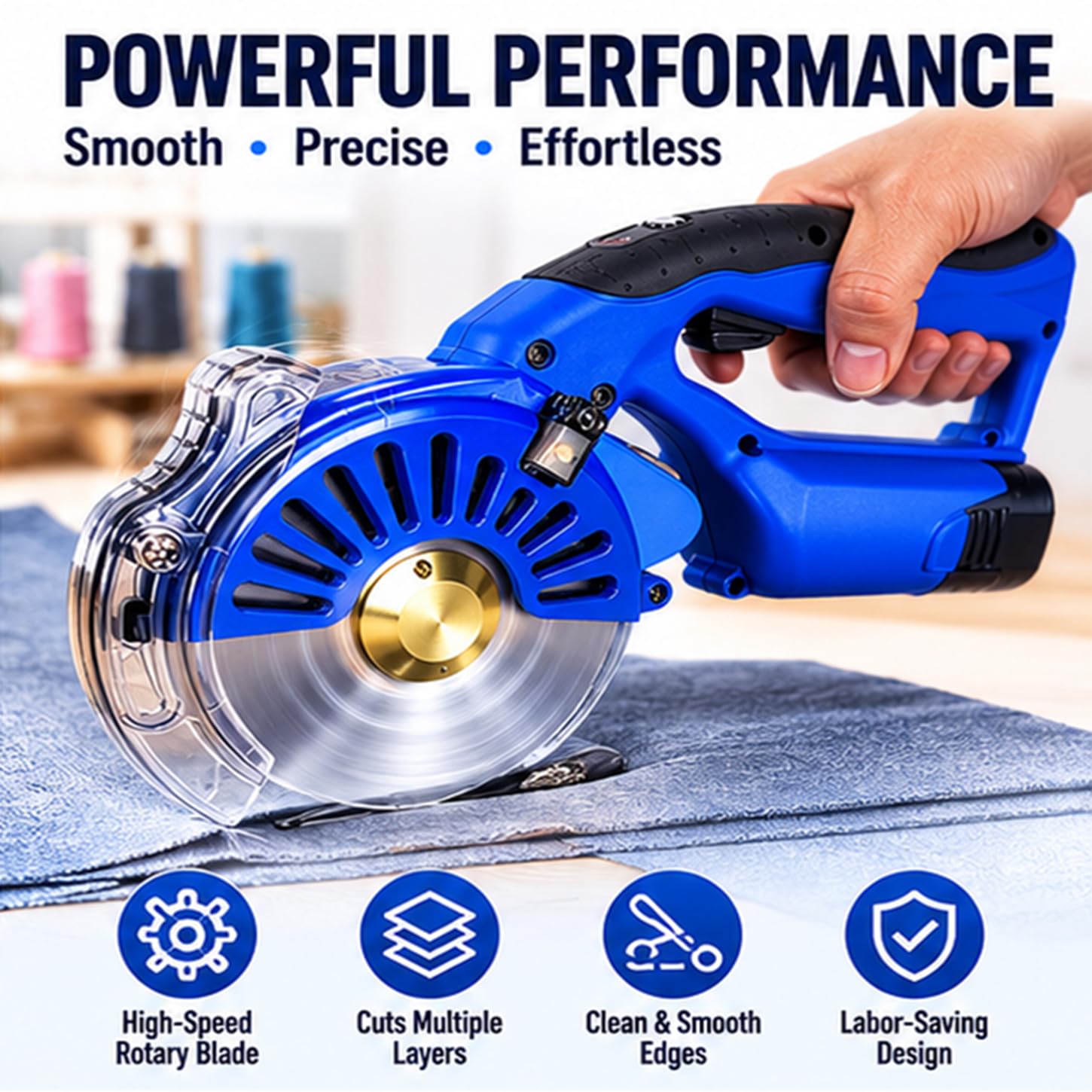 Cortador giratorio eléctrico inalámbrico de tela, velocidad ajustable, 5 velocidades con 2 baterías para tela, cuero, seda, hoja de 125 mm