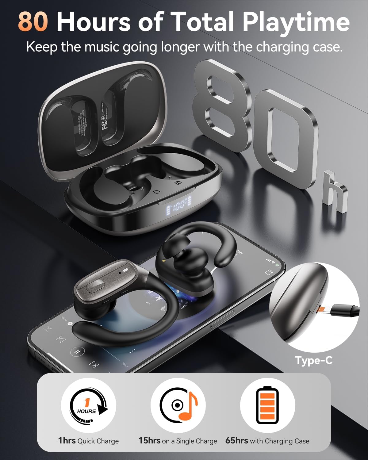 LEEMC Wireless Earbuds, Bluetooth Headphones 5.4, Ear Buds with Hooks for Sports, 80Hr Playtime Earphones, LED Display, IPX7 Waterproof Headset for Workout Running, Brown - Image 4