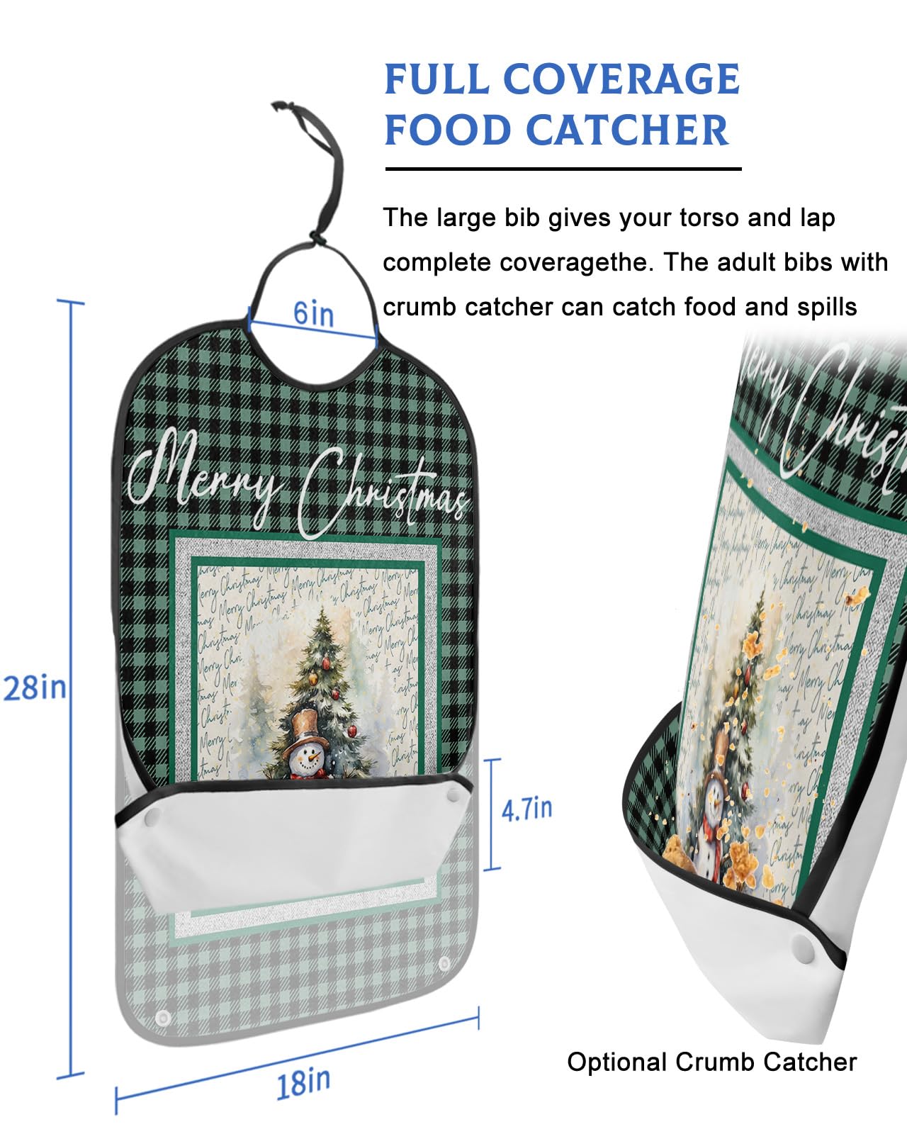 LEOKOTI Green Plaid Snowman Christmas Adult Bibs for Eating, Waterproof Bibs with Food Catcher & Adjustable Snap Closure, Xmas Tree Snowflake Washable Clothing Protectors Adult Bibs for Elderly