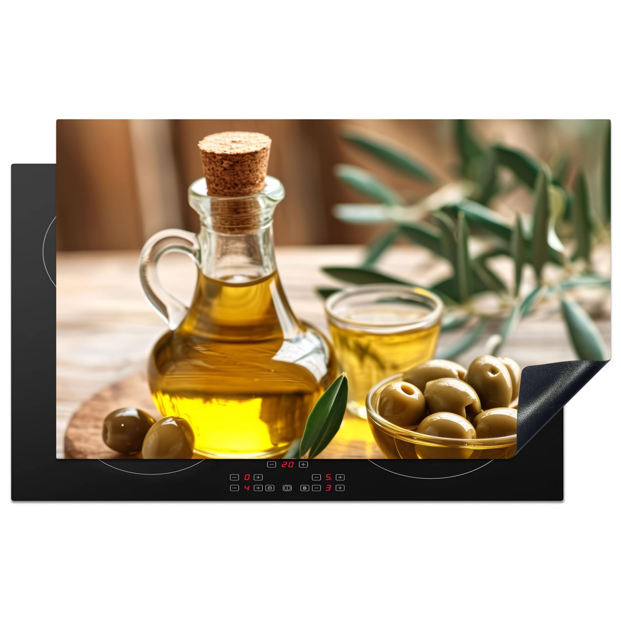 KitchenYeah© Induction Hob Protector Mat 20.5"x33.5" / 85x52 cm Stove Cap Top Cover Kitchen Cooker Covers for Electric Hobs Vinyl Olives - Shelf - Olive Oil - Leaves