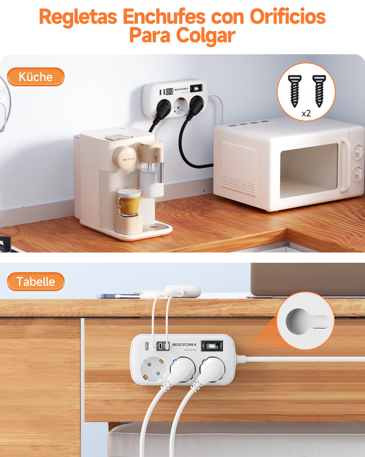 Regletas Enchufes con USB, Protección Sobretensión, 3 Tomas con Interruptor, Enchufe Múltiple de Carga 2 USB C y 2 USB A (5V/3,1A), Cable 1,5m, Ideal para Viajes y Hogar, 16A/4000W — view 8