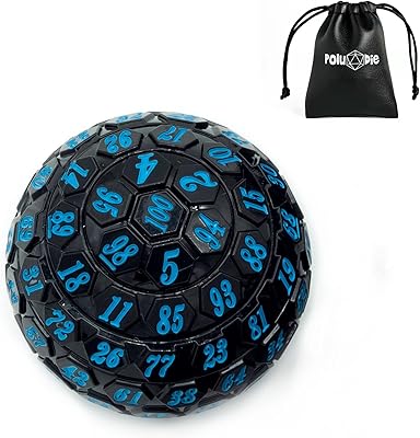 Poludie 100 Sided Polyhedral Dice, Single D100 Game Dice, 100 Sided Cube with Black Pouch, D100 die 48 mm (Black with Blue...