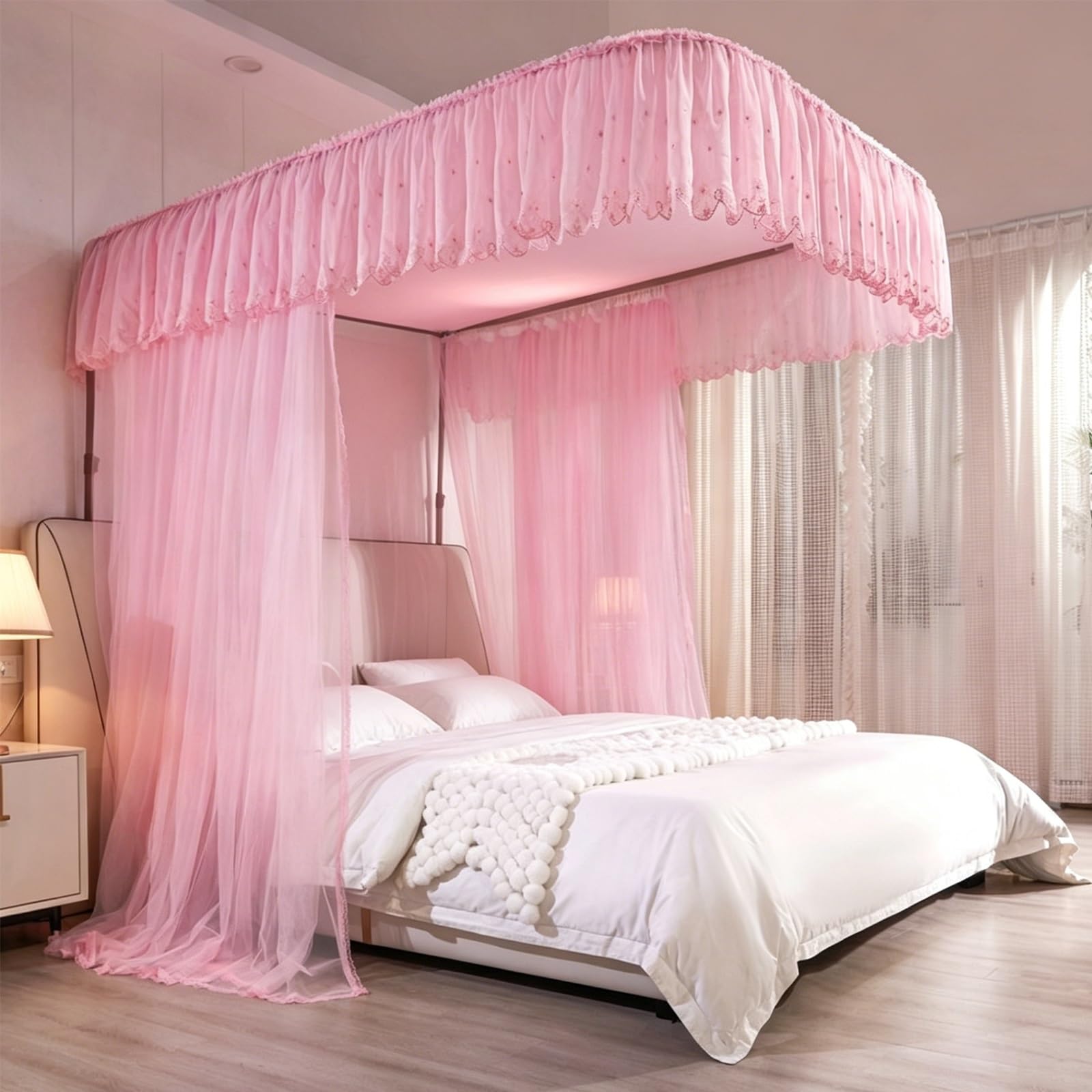 SARKEY U-Shaped Rail Bed Canopy Curtain,Floor-standing Mosquito Net,Decoration(C,200x220x210cm(79"x87"x83"))