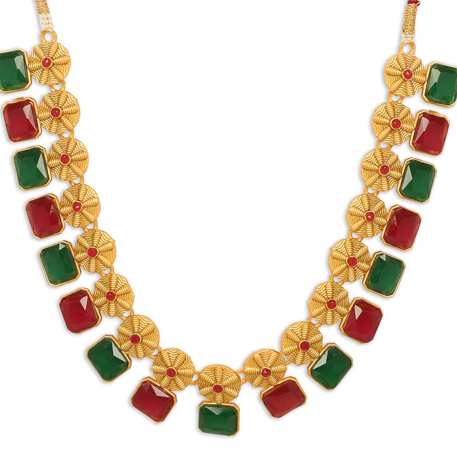 Plated Traditional Ruby & Green Stone Studded Necklace Set
