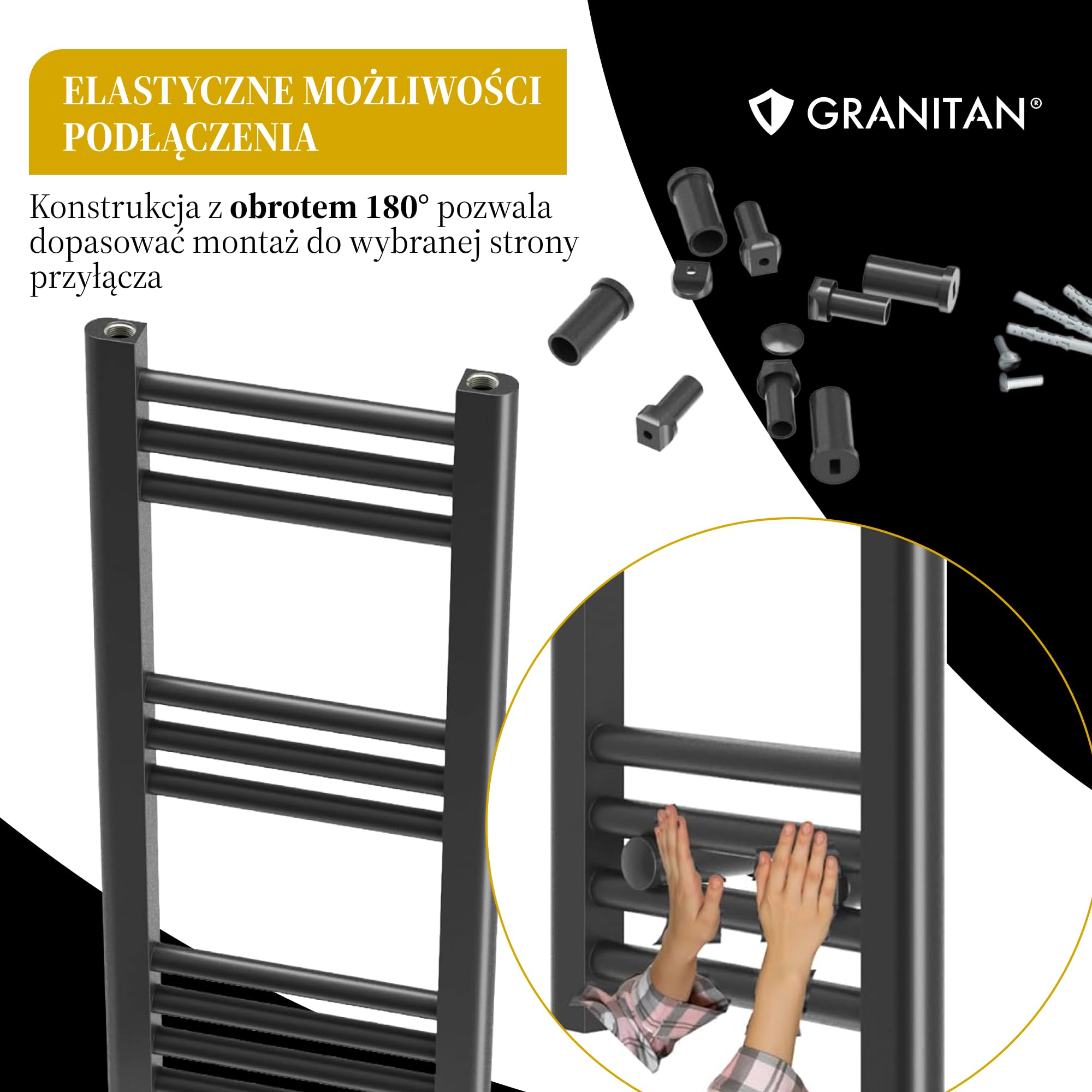 Granitan Grzejnik Łazienkowy BRENO 40x110 cm, Czarny, 369W | Grzejnik Łazienkowy Wodny, Ścienny grzejnik, drabinka do suszenia ręczników, podłączenie do centralnego ogrzewania