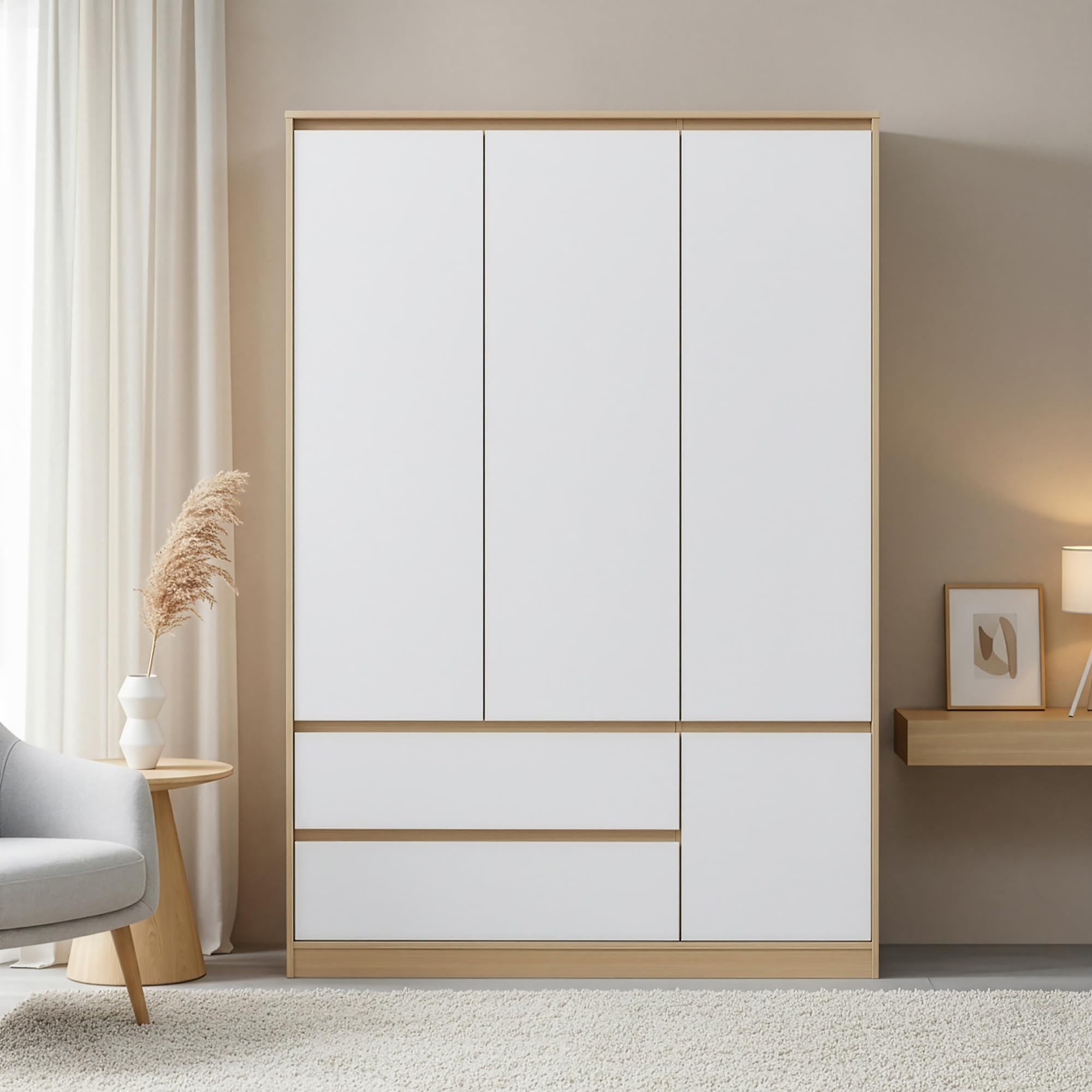 [en.casa] Armario Ropero Bastheim Práctico Armario Dormitorio con 4 Puertas 1 Perchero 6 Compartimentos 2 Cajones Fácil de Limpiar MDF 176 x 80 x 52 cm - Efecto Roble y Puertas Blancas
