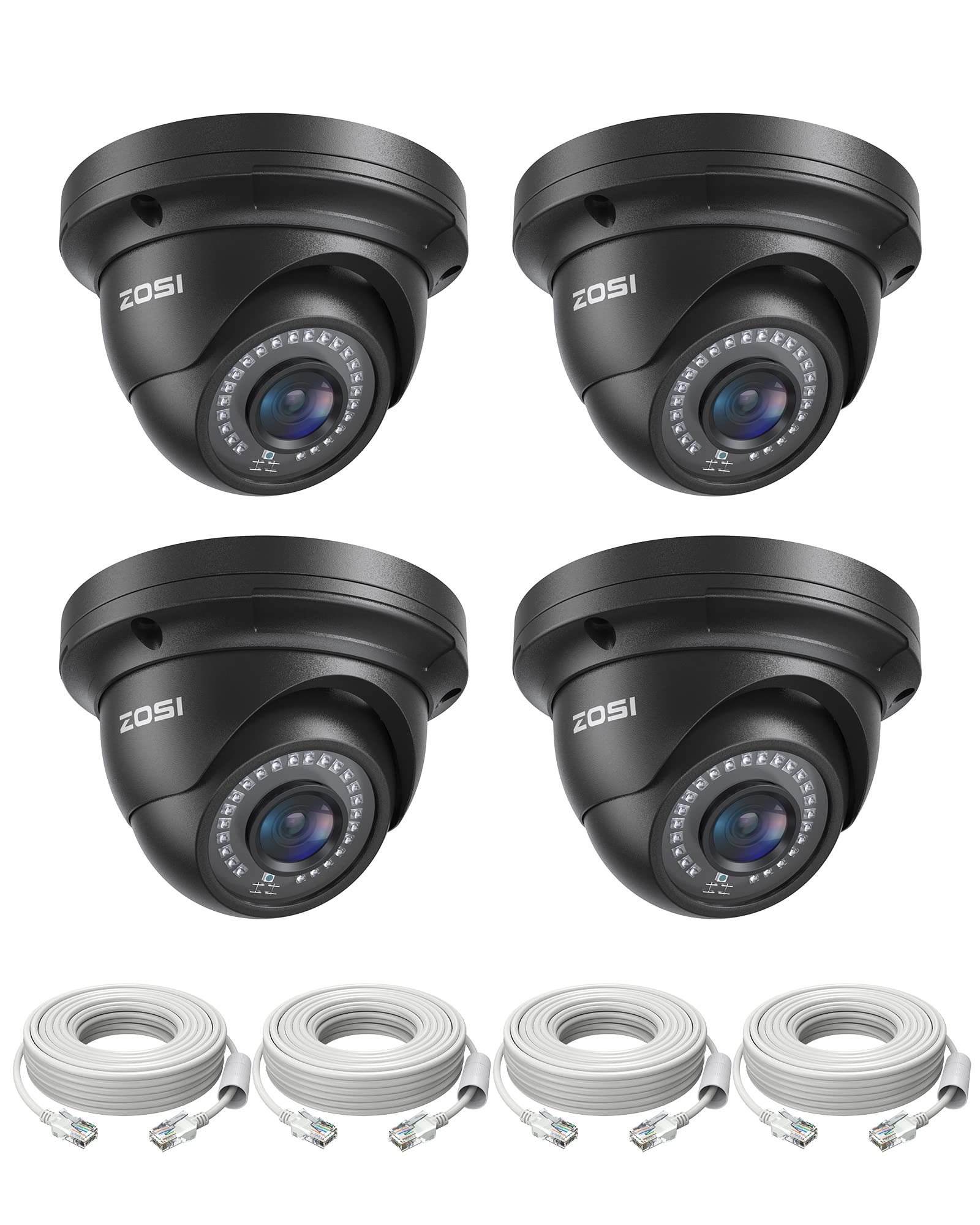 ZOSI 4 Pack 5MP 3K Add-on Security Dome POE Camera with Cable, 2880 x 1620 Indoor Outdoor IP Camera, 80ft Night Vision, 3.6mm Lens, 95°View Angle, IP66 Weatherproof (Only Work with ZOSI PoE NVR)
