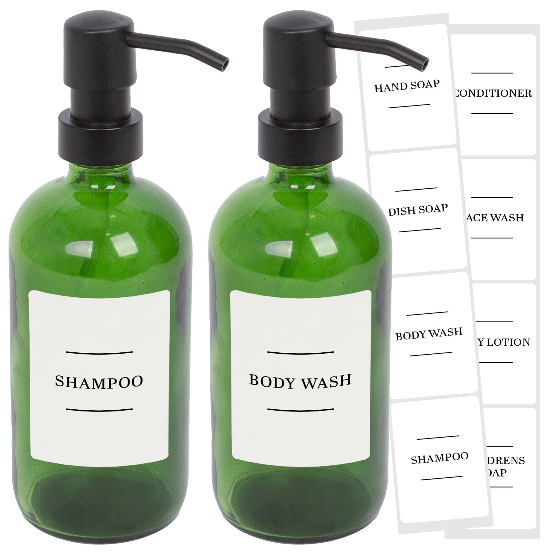 Harbour Housewares Glass Soap Dispensers with Labels Pack of 2-500ml Green Refillable Bottles with Black Pumps and White Labels - Bathroom and Kitchen Accessories for Hand Wash, Lotion or Sanitiser