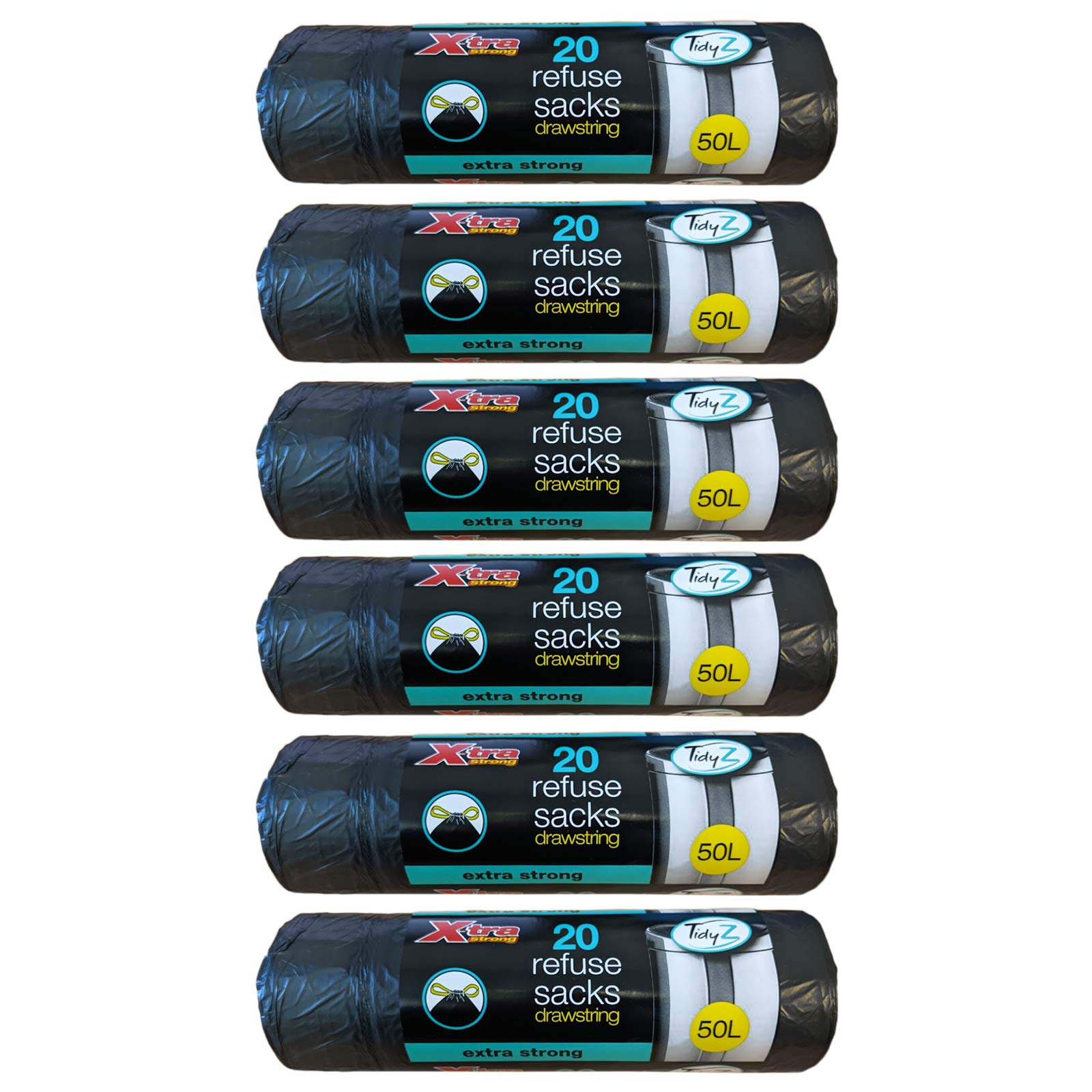 Tidyz Black 20 X 50L Drawstring Refuse Sacks Waste Swing Bin Liners Extra Strong Rubbish Bags (120 Bags)