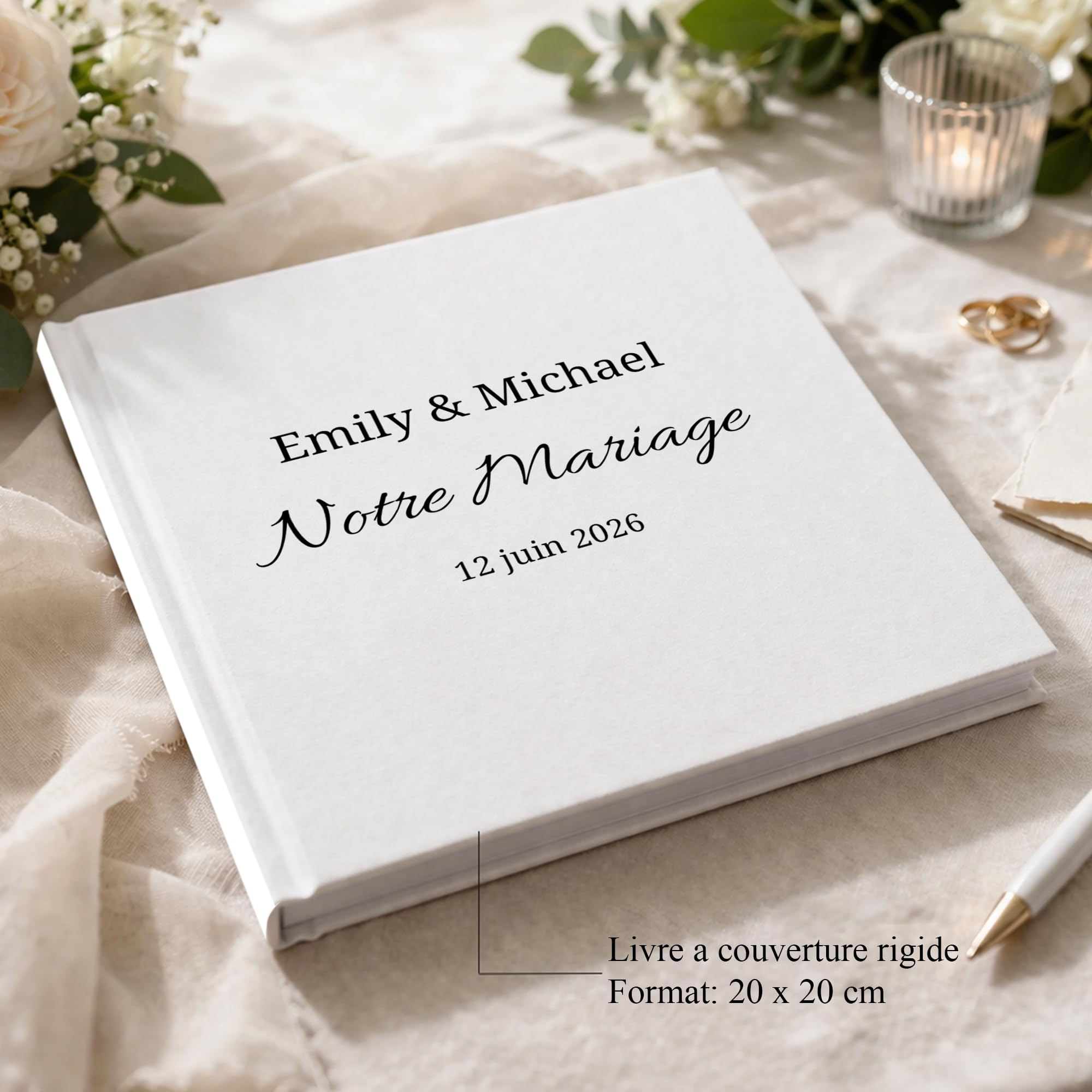 Livre d’or mariage personnalisé – Livre invités élégant couverture rigide – Album souvenir réception avec pages lignées – Livre d’or personnalisé mariage (60 pages)