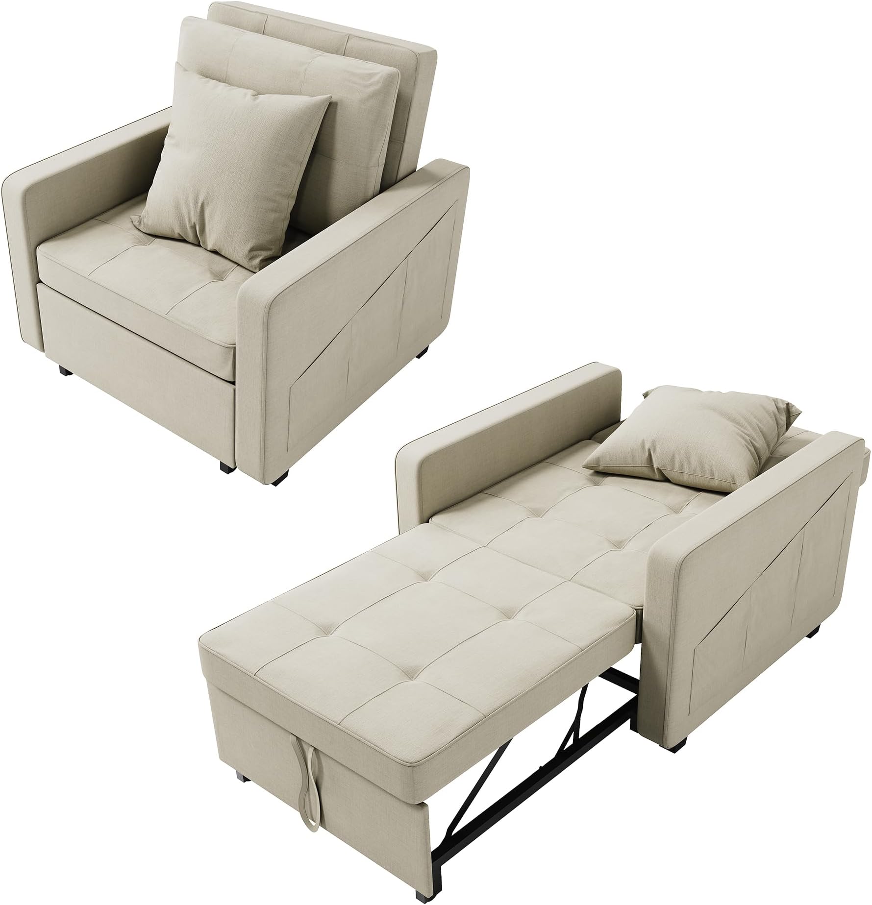 3-in-1 Single Sofa Bed, Pull Out Convertible Sleeper Chair Bed with Adjustable Backrest, Pillow, Side Pockets, Breathable Linen Guest Bed for Living Room, Bedroom, Cream White