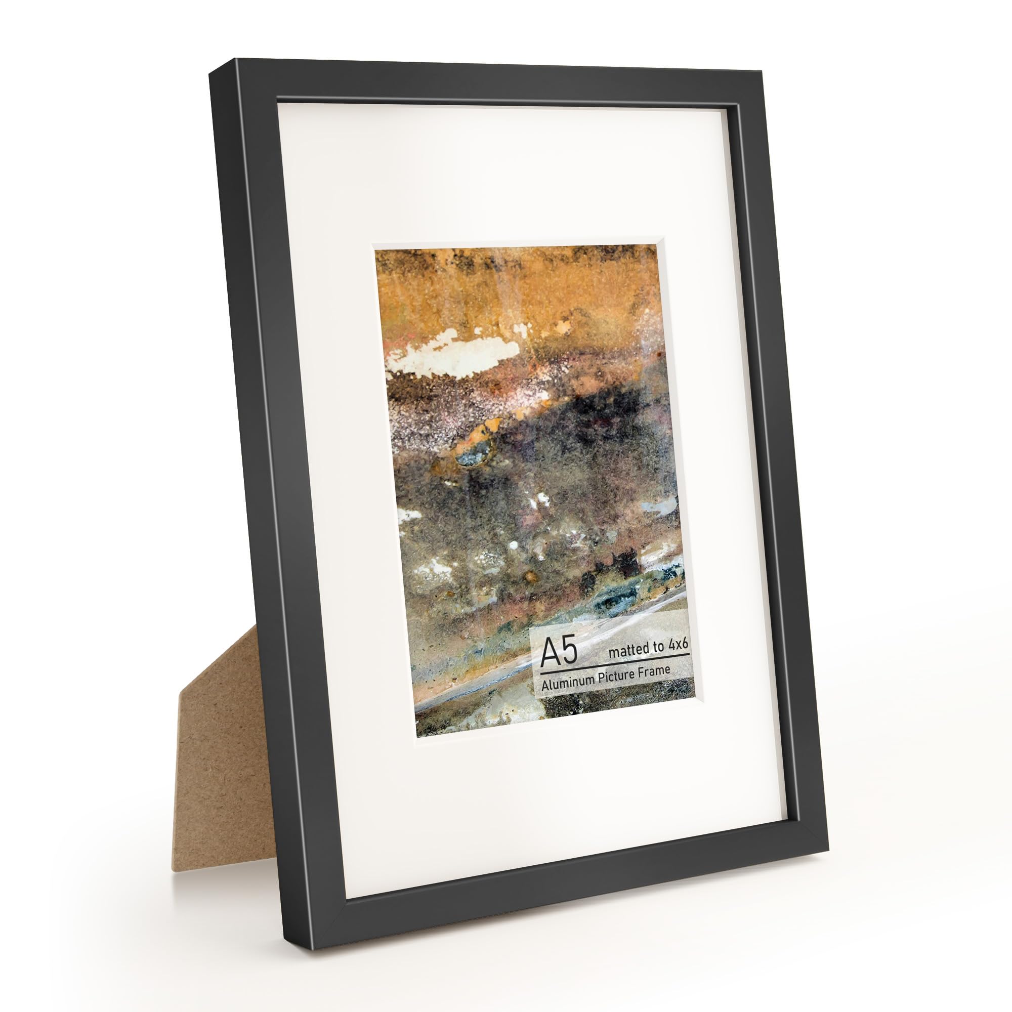 Acovy A5 Picture Frame, Aluminum Photo Frame Matted to 98x138mm, with High Definition Plexiglass, Metal A5(148x210mm) Picture Frame for Wall or Tabletop Display, Wall Hook Included — image 1