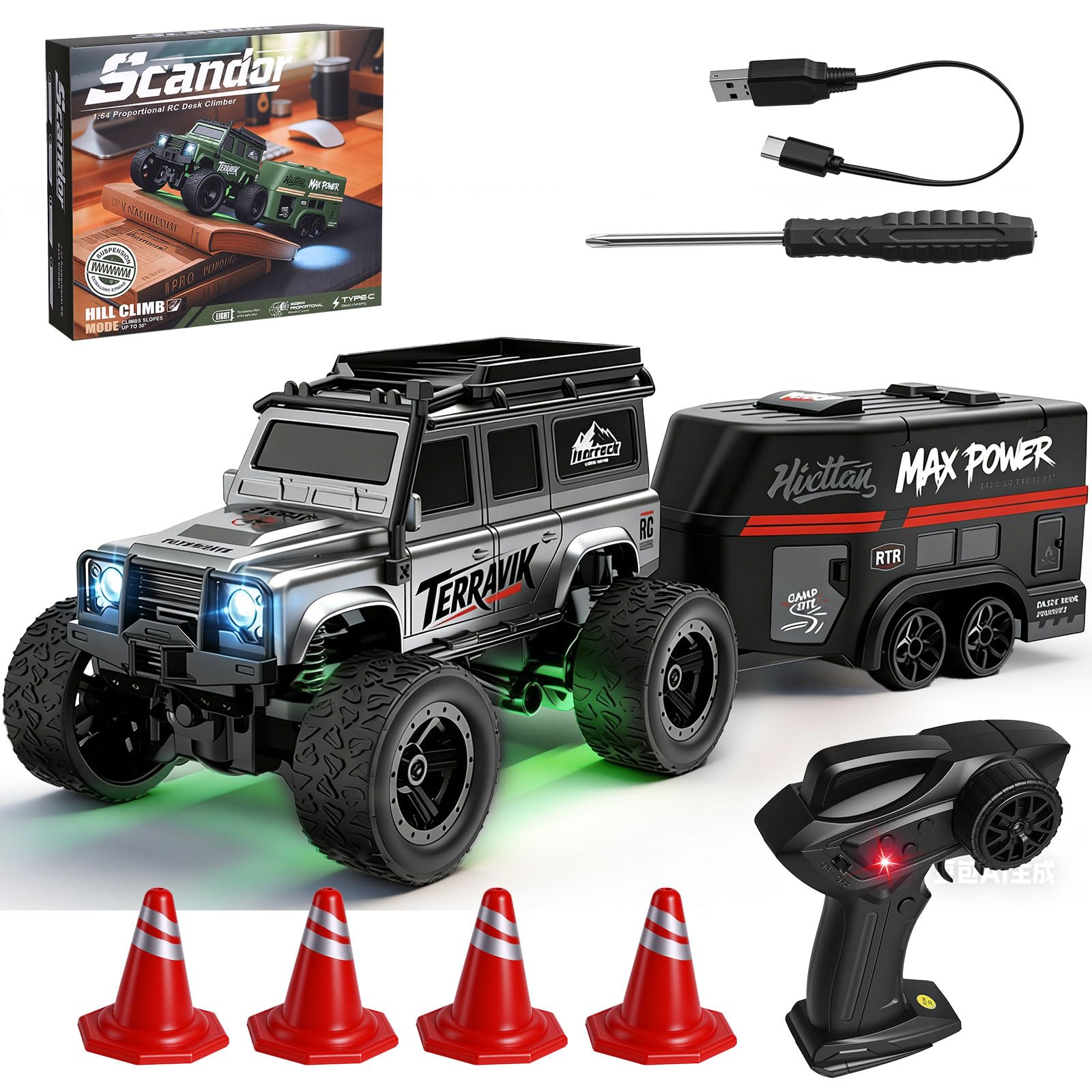 Coche teledirigido todoterreno Drift Car, 1:64 Mini Crawler con remolque, mesa RC Off-Road Car, coche teledirigido de 2,4 G con luces LED, juguete de carreras para adultos y niños