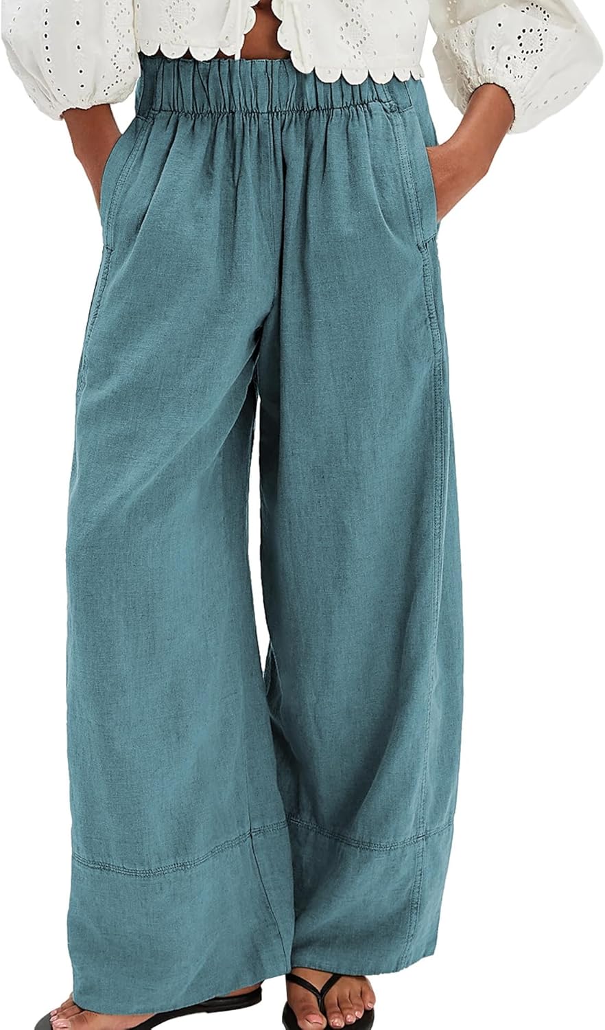 Songling Wide Leg Linen Pants for Women Summer Cotton Casual Palazzo Pant Boho Flowy Beach Pants with Pockets