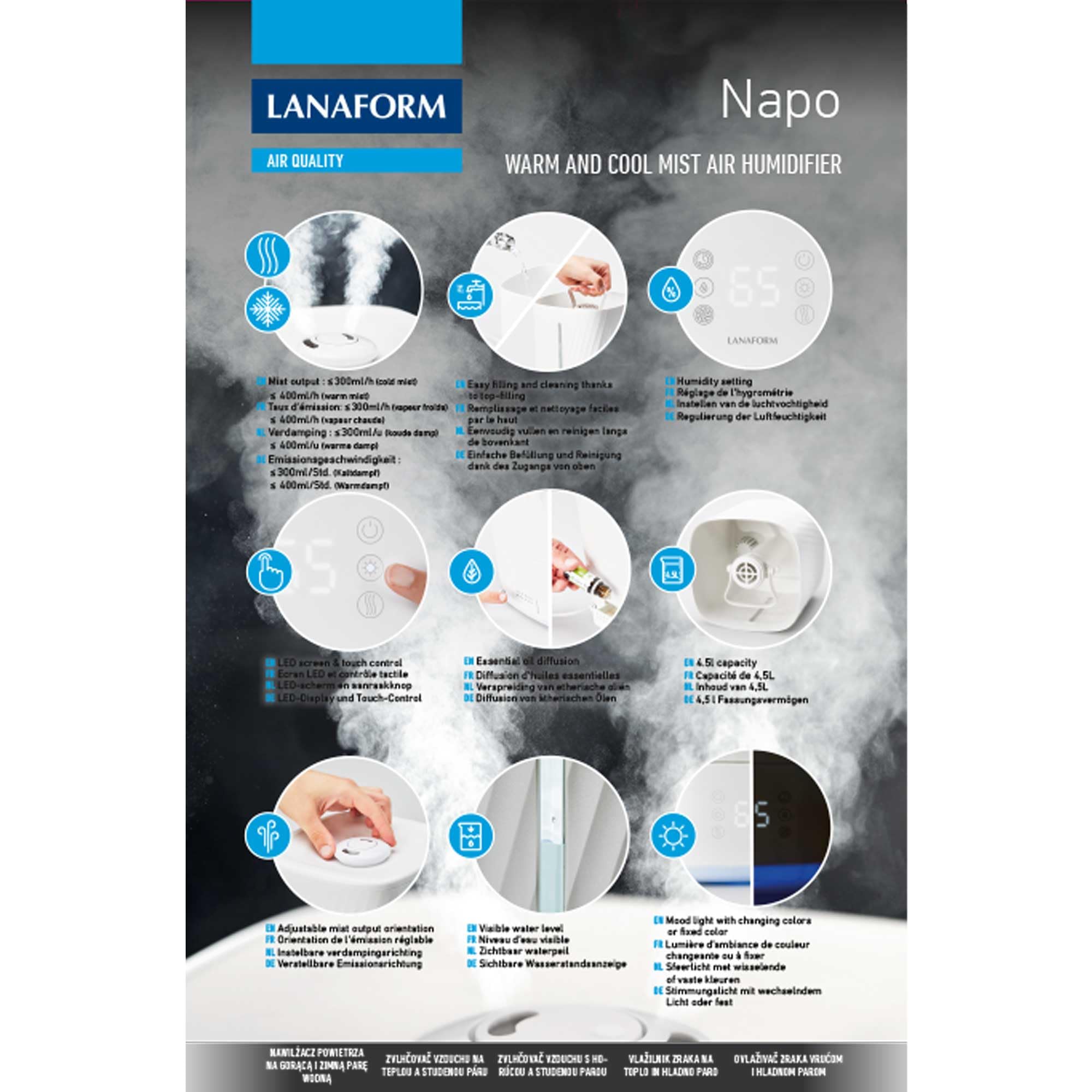 LANAFORM - Napo - Humidificateur D'air - Vapeur Tiède Et Froide - Diffuseur Huiles Essentielles - Mode Nuit - Silencieux - Capacité De 4.5 L - 3 Intensités - 50 M2