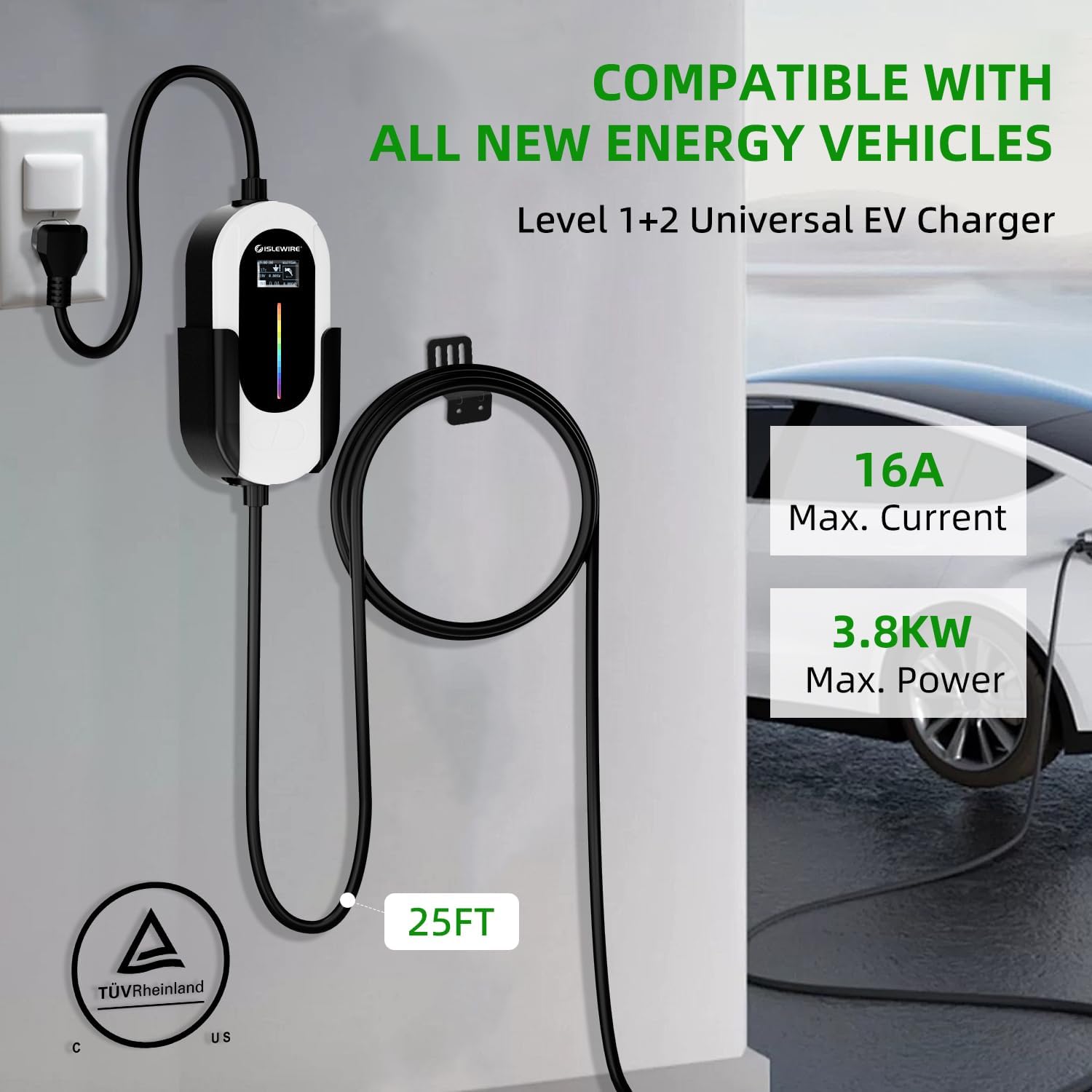 Level 1&2 EV Charger, 16Amp 110V-240V, Portable Electric Vehicle Charging Kit with Adjustable Current & Timer, 25FT Cable, NEMA 5-15 & 6-20 Plugs, J1772 Connector Compatible with All EVs/PHEVs