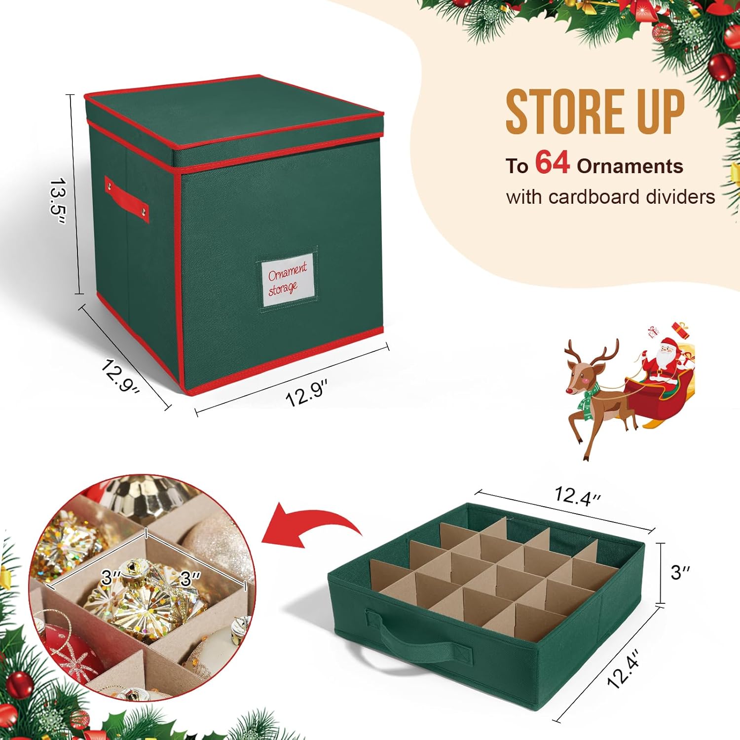 WDZREE Premium Large Christmas Ornament Storage,Box with Side Open, Drawer Style Trays - 3" Compartment, 4 Trays, Keeps 64 Holiday Ornaments -Made of Durable 600D Oxford Fabric Tear-Proof Material