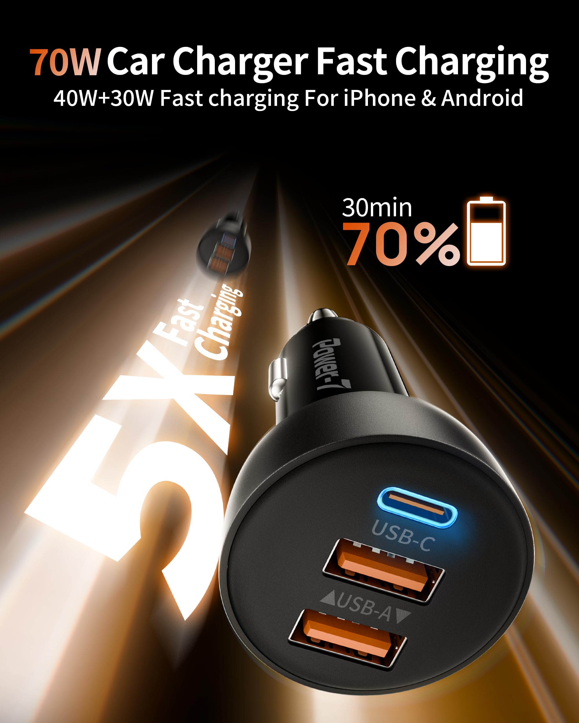 power-7 USB C Car Charger, 2 Pack 70W 3-Port PD/QC Fast Charging Cigarette Lighter USB Charger Car Phone Adapter Accessories for iPhone 17/Air/16/15/14/13/12 Pro Max, iPad, Pixel, Galaxy S25/S24/S23, Android in use