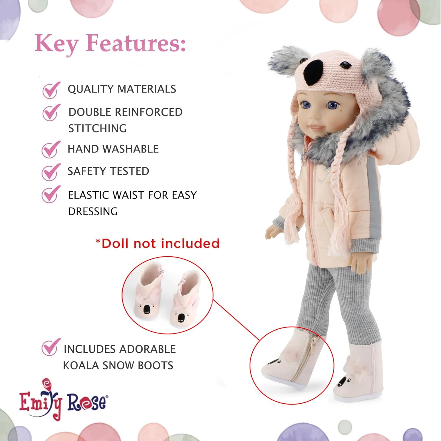 Emily Rose 14 Inch Doll Koala Outfit 4-PC Winter Clothes Set | Furry Coat Hat Boots Leggings | Compatible with Glitter Girls and Wellie Wishers Dolls | Holiday Clothes | USA Brand | Ages 5+