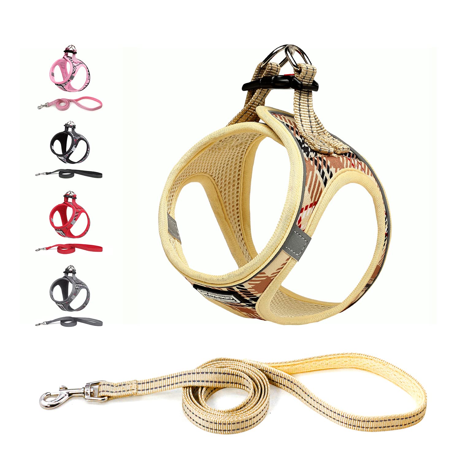 Suredoo Pettorina Cane Taglia Piccola Riflettente, Step-in Pettorina per Cani Gatti Cuccioli con Guinzaglio Comodo, Traspirante Imbracatura Cane Imbottito per Corsa Passeggiate (S, Beige Marrone)