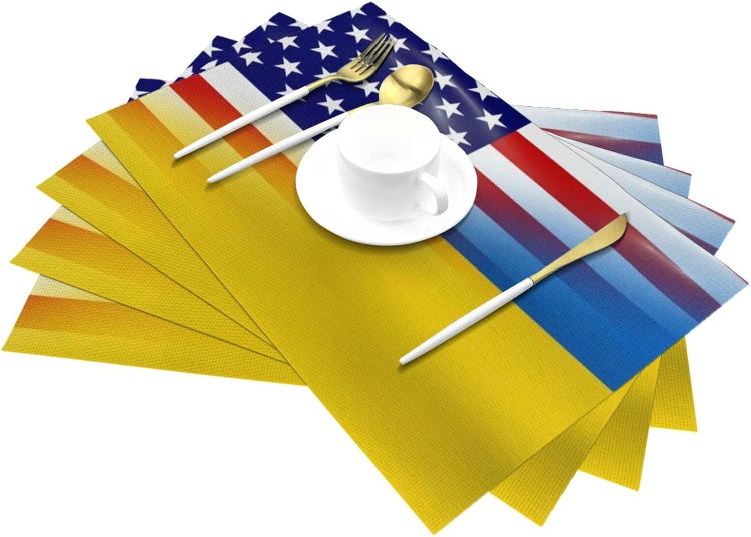 American Flag and Ukrainian Flag Durable Waterproof! 4-Pack PVC Woven Placemats, Sleek Design, Easy Table Protection