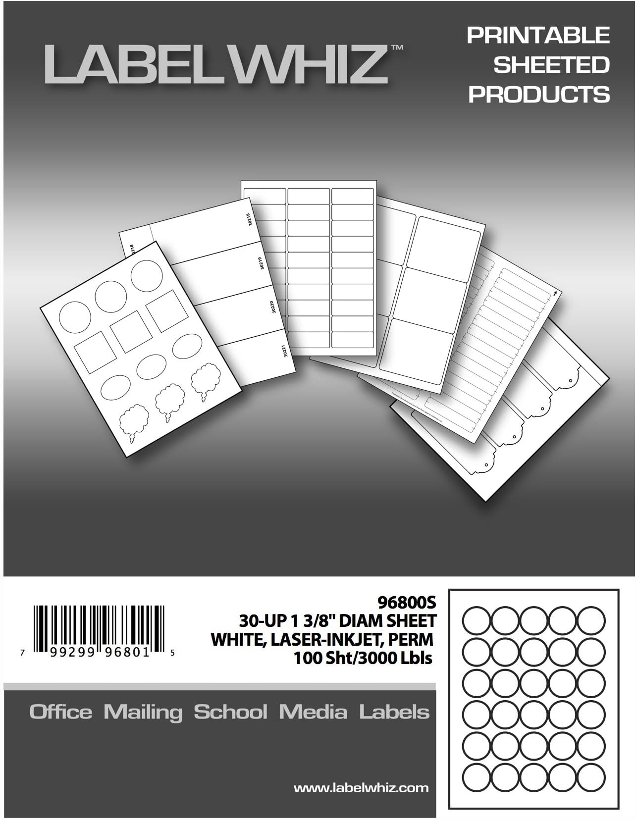 LabelWhiz All Purpose Label Sheets for Laser and Ink Jet Printers, 1-3/8-Inch in Diameter, 30 Round Labels Per Sheet, 100 Sheets, White (96800S)