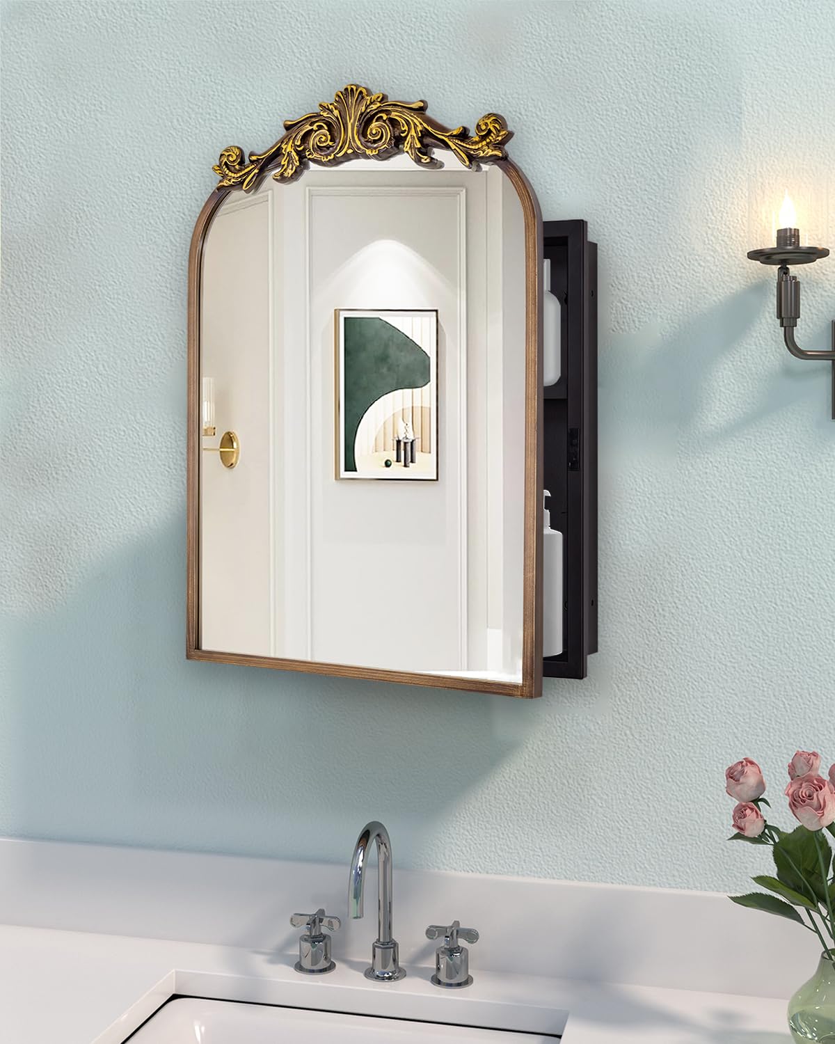 16x24 Inch Recessed or Surface Mount Medicine Cabinet Mirror with Vintage Bronze Carving & Hand-Painted Aluminum Frame, All-Metal Construction, 2 Shelves, Arched Mirror for Bathroom, Entryway, Hallway
