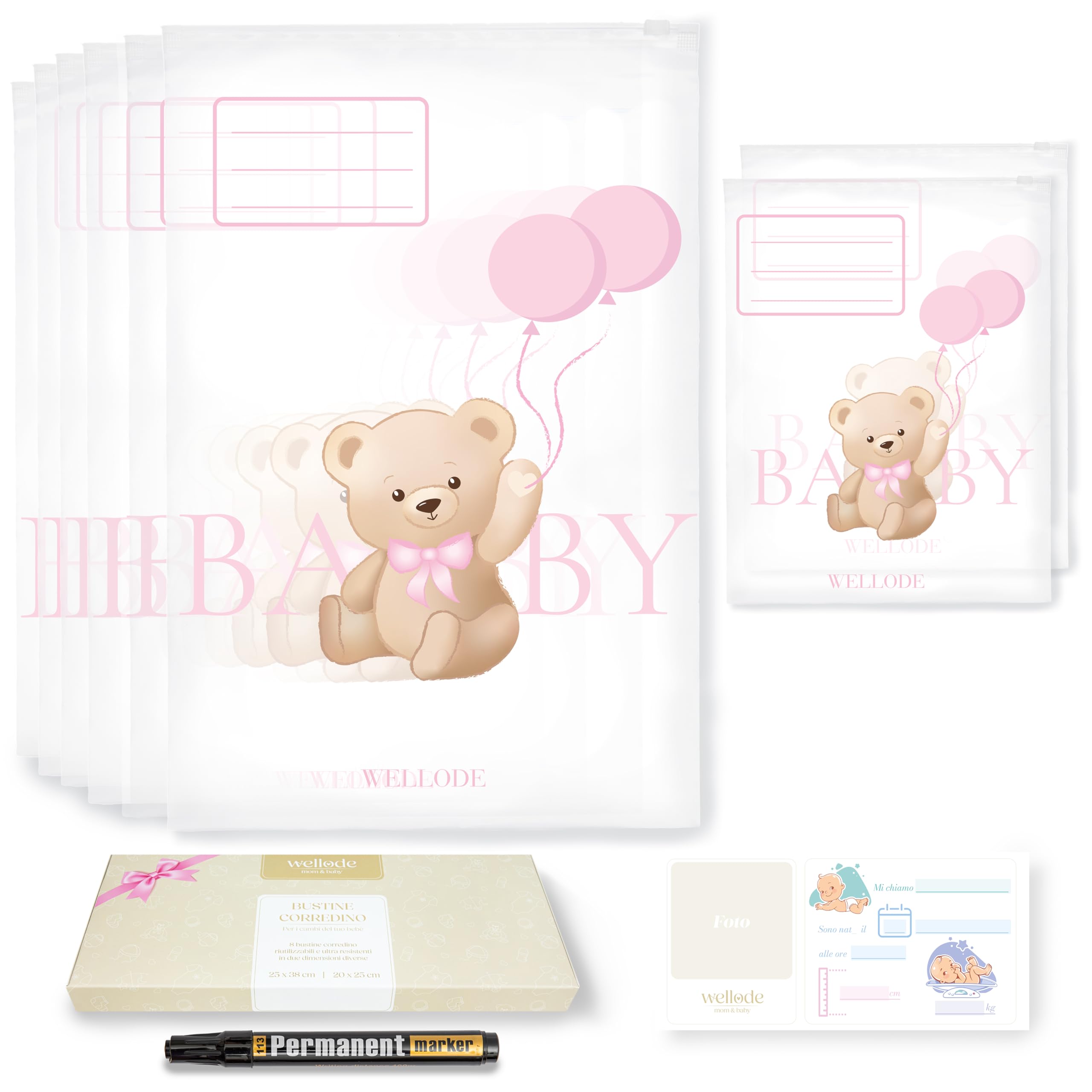 8 Bustine Corredino Neonato Ospedale Teddy Bear in 2 Dimensioni Diverse