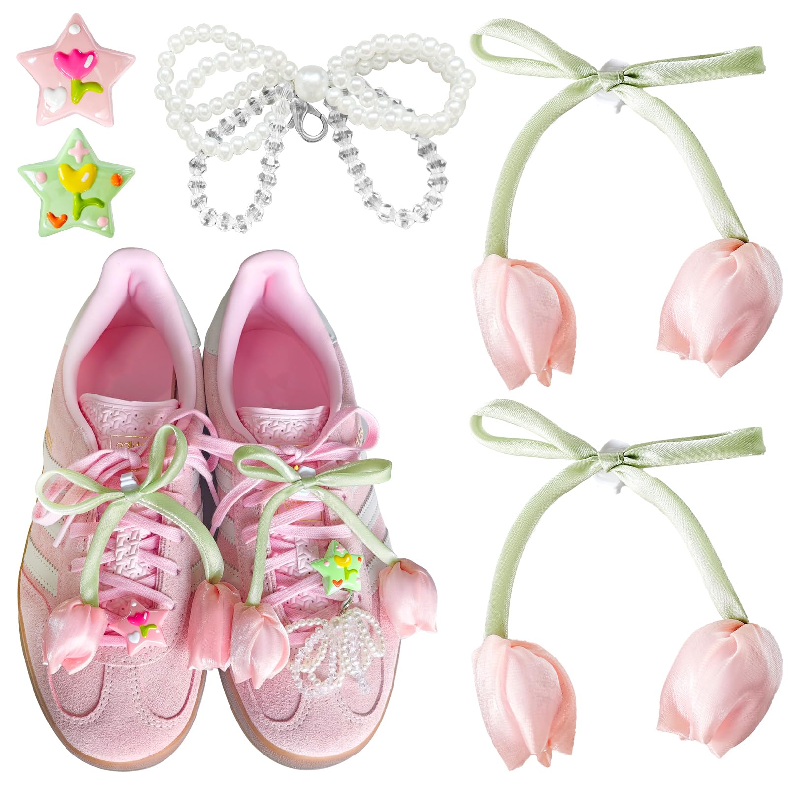 Shoe Lace Charms for Sneakers - Bear Tulip Shoelace Decorations Clip Charms Set with Rose Silk Flowers for Sambas Shoes DIY Accessories for Women