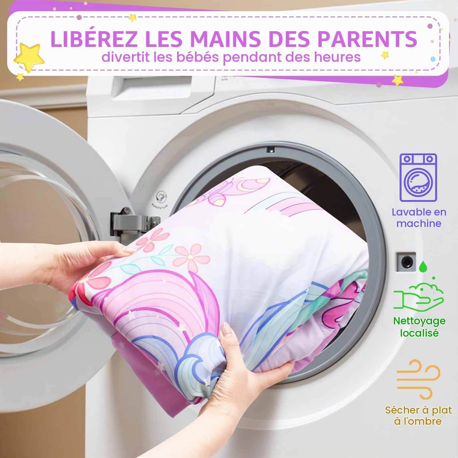 Tapis D'eveil Bebe Licorne 4 en 1, Arche Eveil Bebe avec 5 Jouets Suspendus et Oreiller, Tapis de Jeux Bebe Pliable et Souple pour Bébé de 3 à 24 Mois, Tapis Motricité Bébé, Tummy Time Bebe